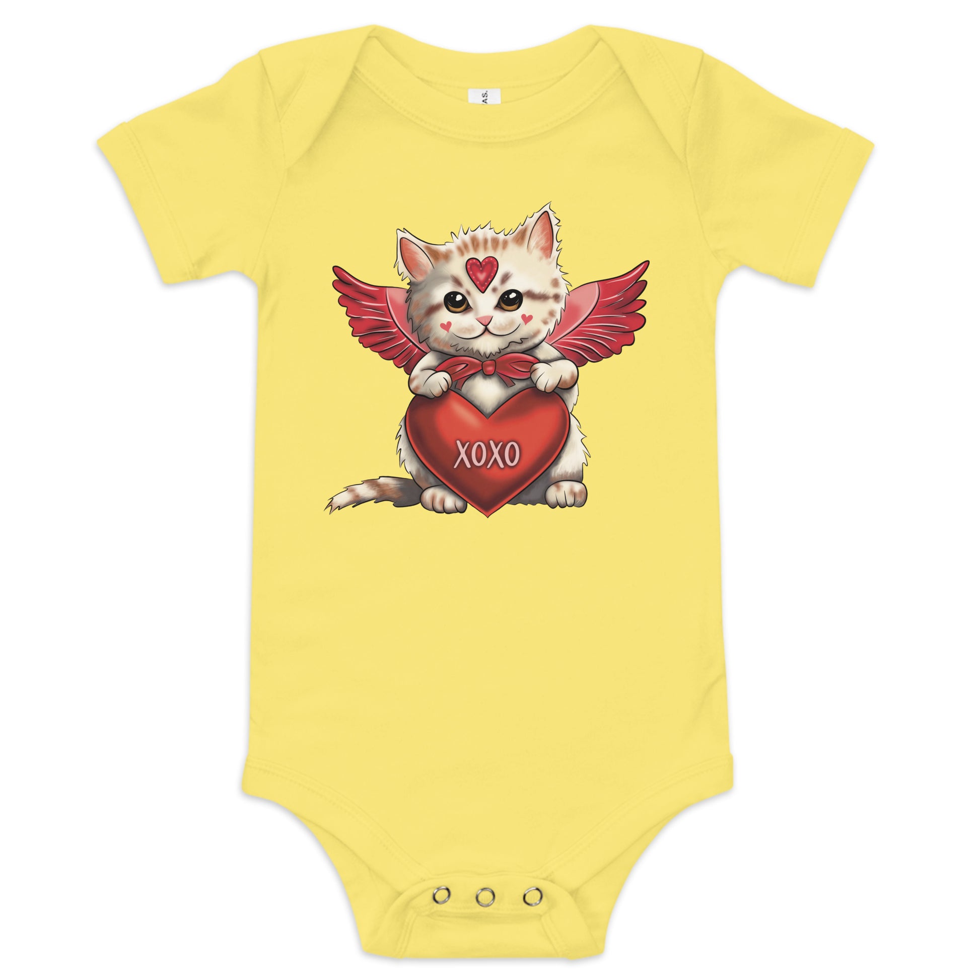 Pictured is a yellow one piece bodysuit with short sleeves and 3 snaps for baby girls to wear for Valentine's Day. The cute graphic design       is an adorable kitten dressed up as Cupid and holding a red heart that says "xoxo". This infant clothing for girls comes in 4 colors, pink,      grey, yellow, and white. Sizes available are 3-6 months, 6-12 months, and 12-18 months.