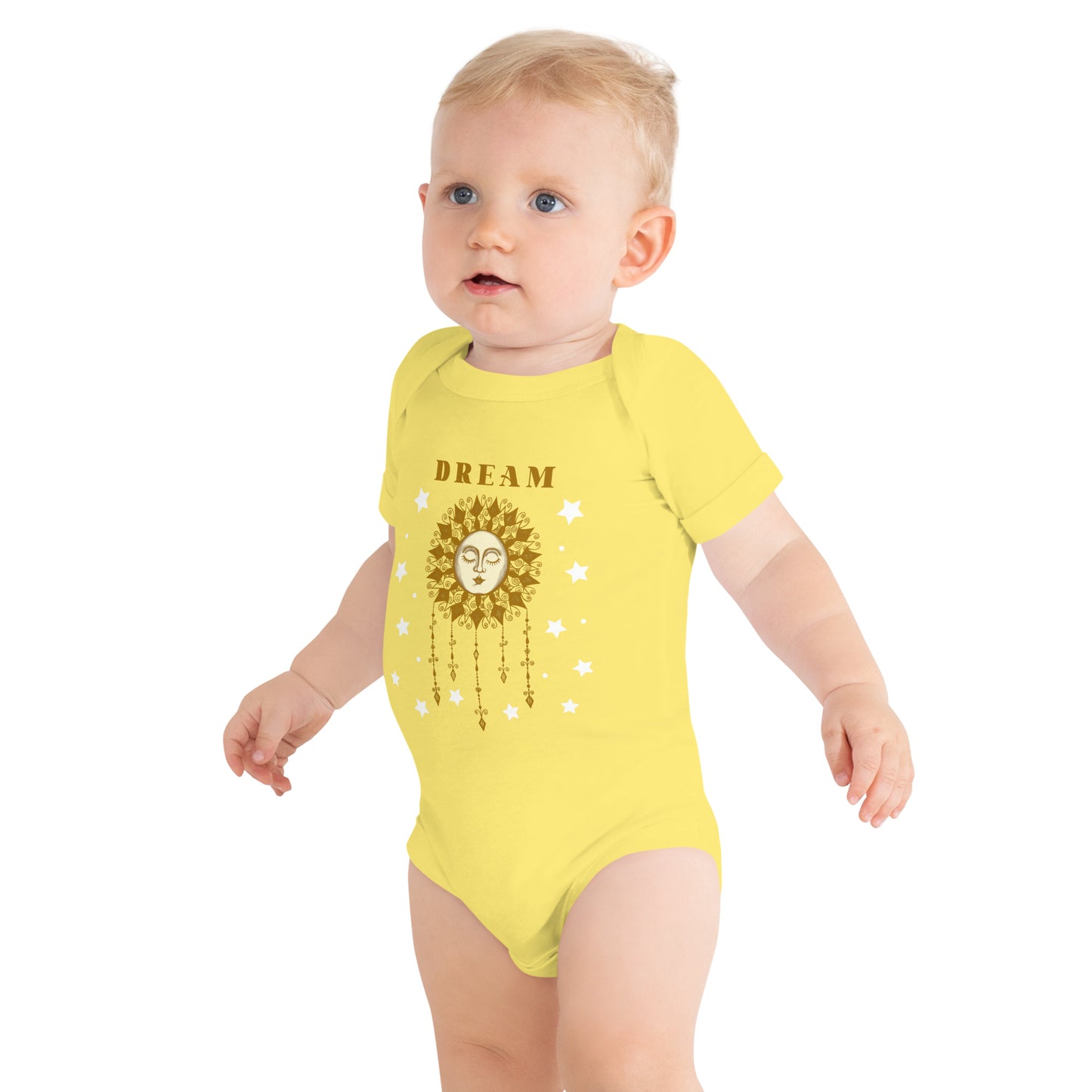 Baby Girls One Piece Bodysuit, Bohemian Hand Drawn Art Sun Design, Short Sleeve Hippie Sun with Face Design, Snapsuit Infant & Toddler Sizes