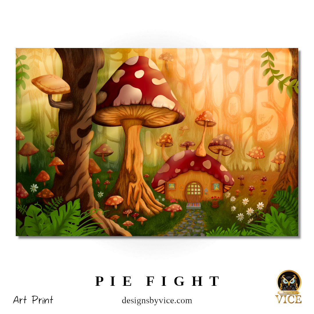 Mushroom Wall Art - "The Pie Fight" Trippy Art Print Poster - Small, Medium, and Large Wall Art Prints for Living Room, Bedroom, Apartment Decor