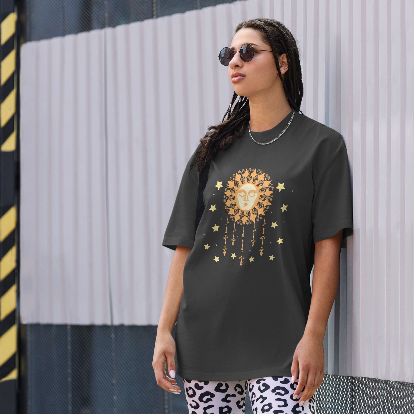 Women's Oversized Graphic T Shirt, Boho Sun Face Ladies Top, Hippie Celestial Design Boxy Style Tee