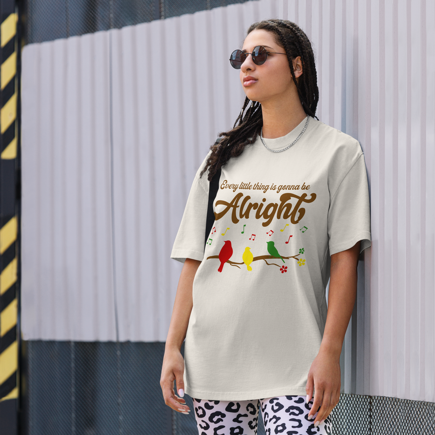 Every Little Thing Is Gonna Be Alright Oversized Faded Tee, Women's Boxy TShirt Design, Three Little Birds Hippie Boho Retro Street Style Ladies Clothing