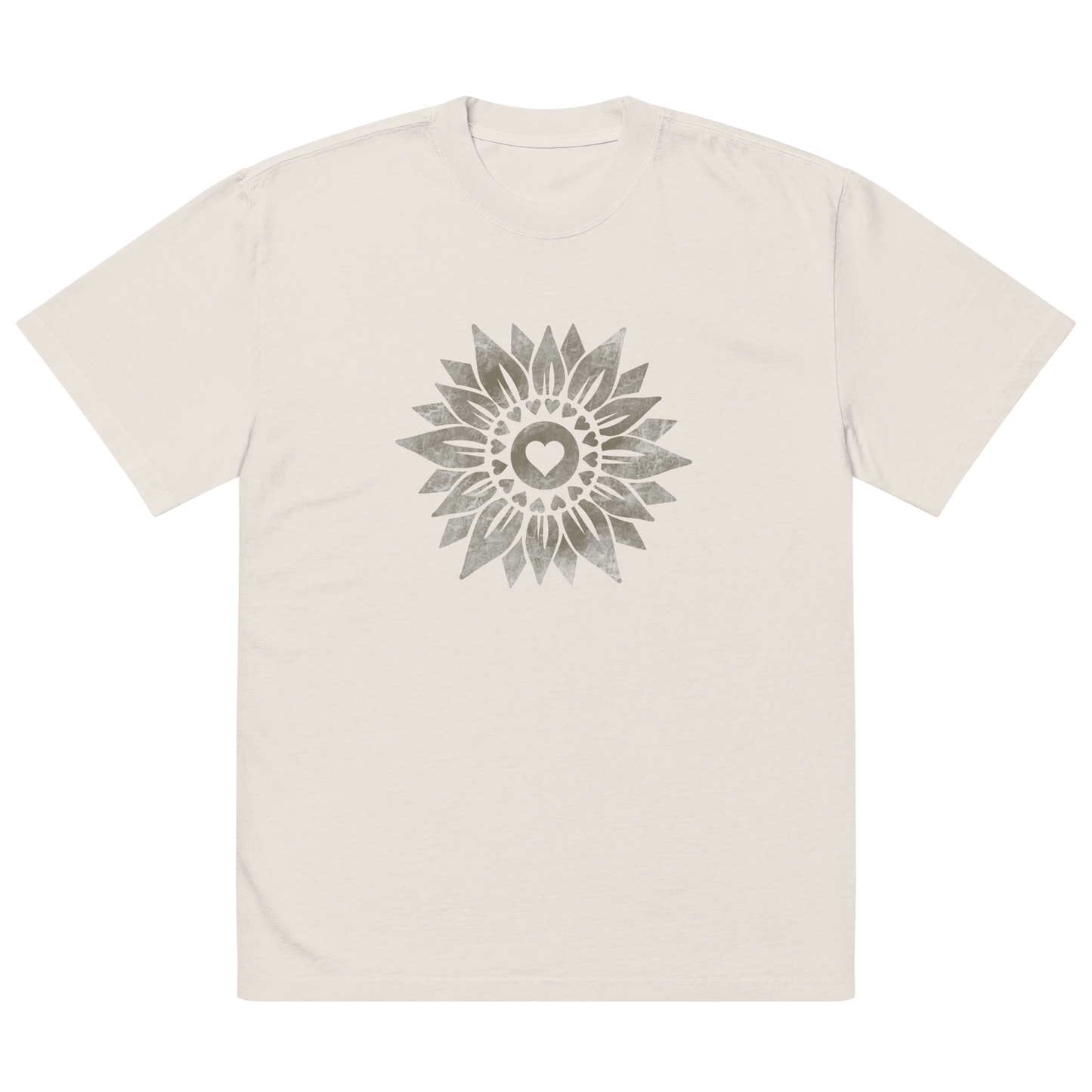 The front view of a t-shirt design on a light colored boxy fit tee. There is a vintage looking sunflower graphic printed on the front. 