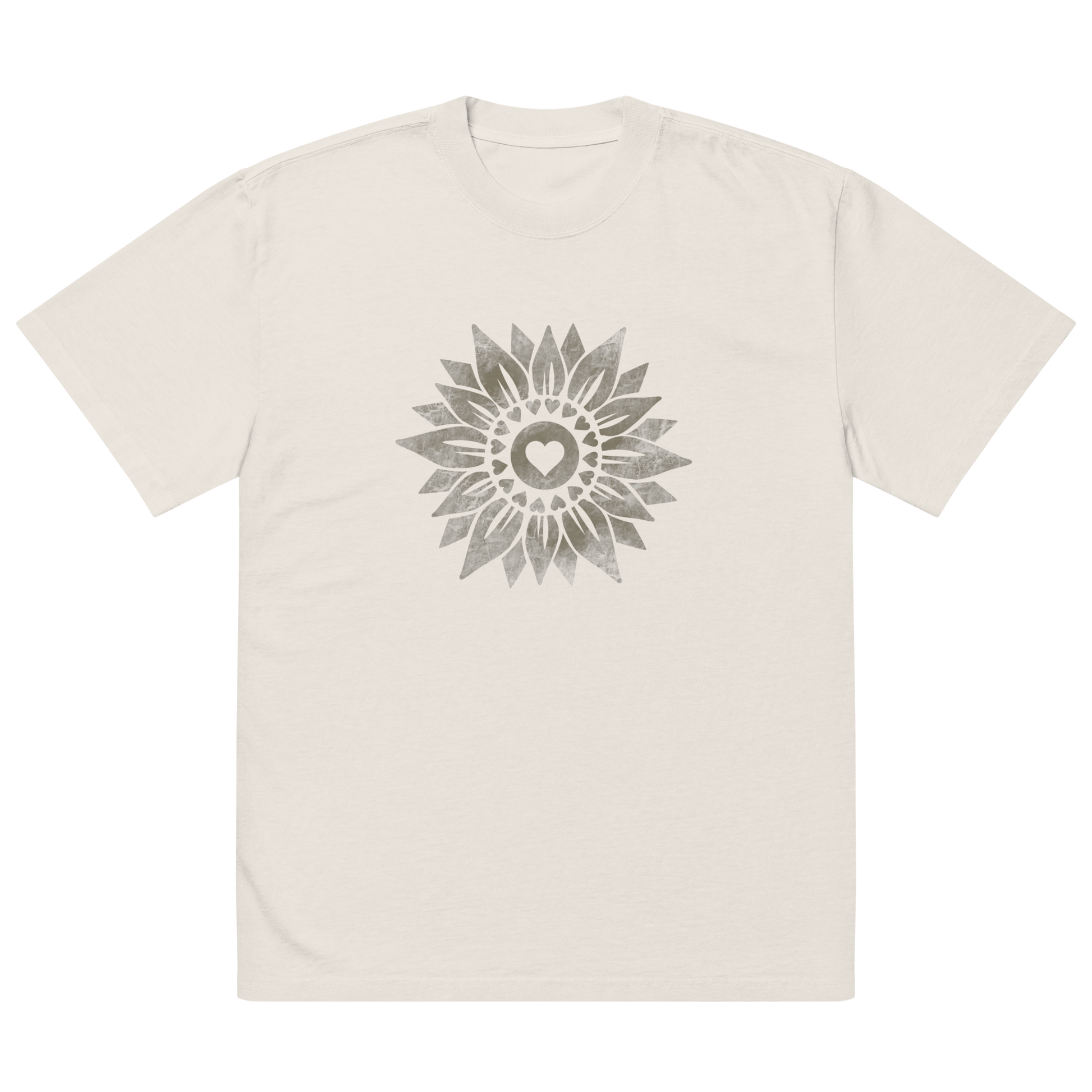 The front view of a t-shirt design on a light colored boxy fit tee. There is a vintage looking sunflower graphic printed on the front. 