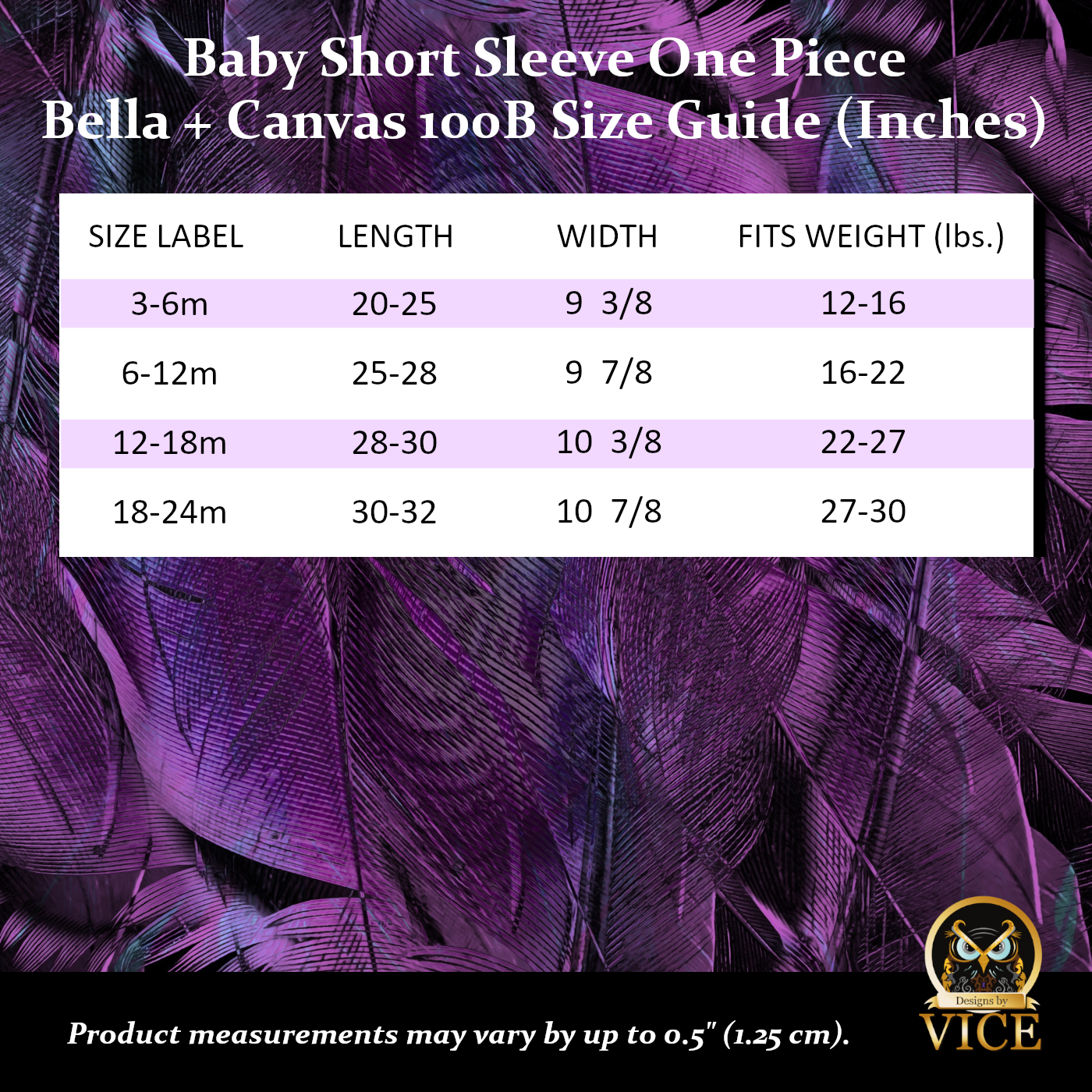 Pictured is a size guide chart for baby one piece bodysuits with 3 snaps. Sizes available are 3-6 months, 6-12 months, and 12-18 months.