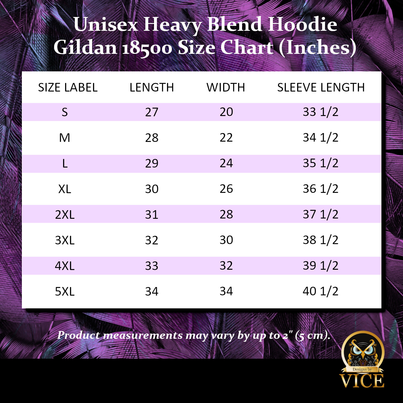 Pictured is a size guide chart for Gildan Unisex Heavy Blend Hoodies. Sizes available are small thru 5X.