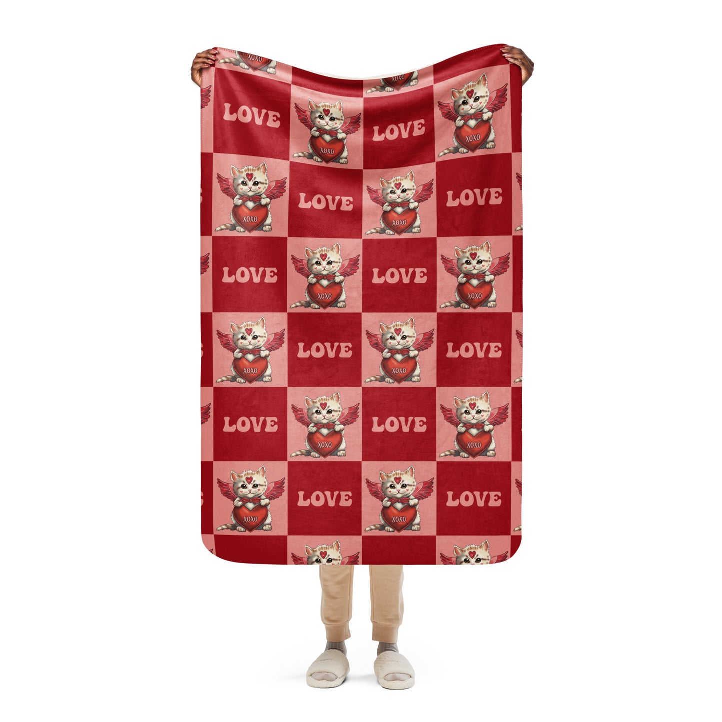 Valentine's Day Sherpa Blanket Gift for Girls, Women's Cupid Kitten Warm Blanket - Cute Cat Graphic - XOXO Ladies Personalized Gift  - Customizable Red Hearts LOVE