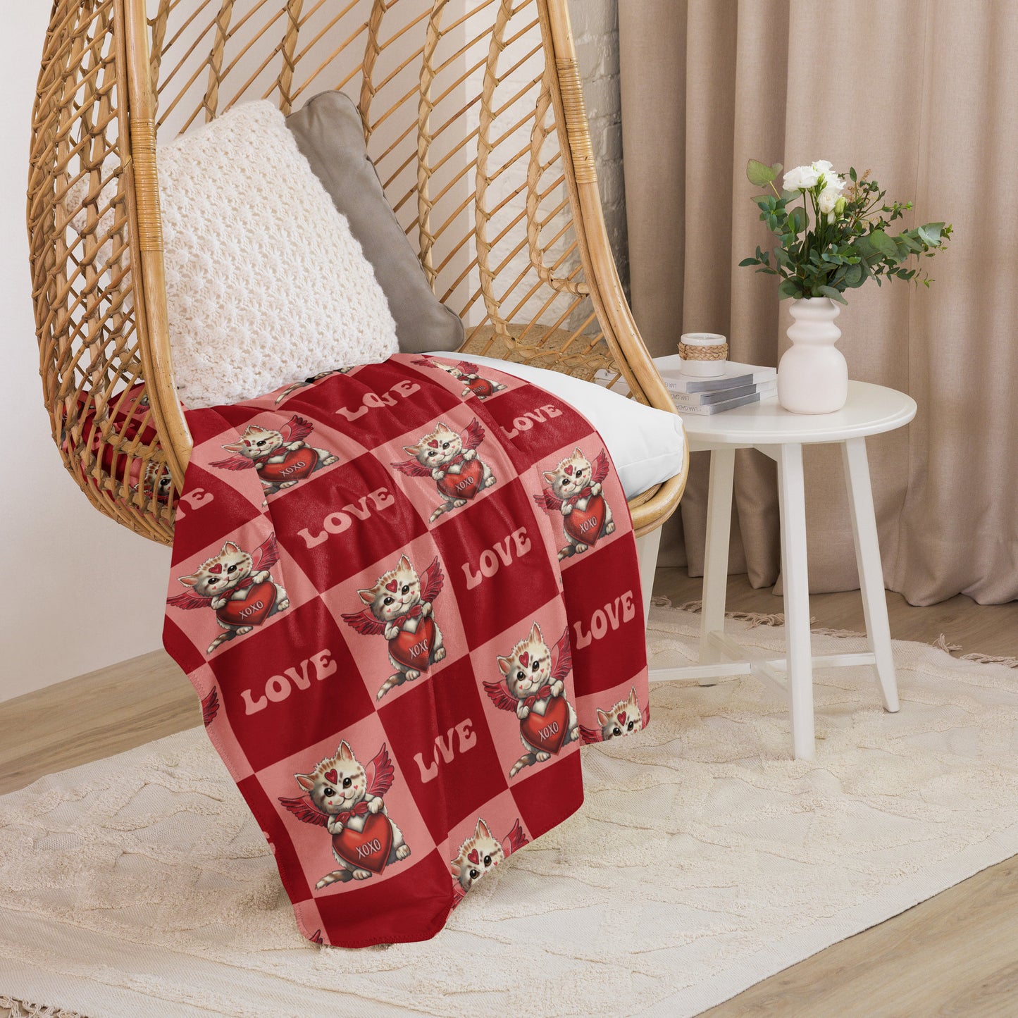 Valentine's Day Sherpa Blanket Gift for Girls, Women's Cupid Kitten Warm Blanket - Cute Cat Graphic - XOXO Ladies Personalized Gift  - Customizable Red Hearts LOVE