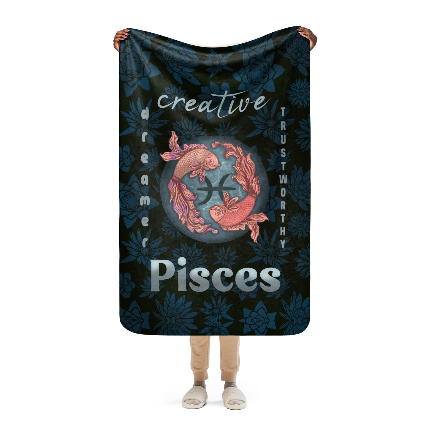 Pisces Blanket for Women, Zodiac Sign Gift for Her, Sherpa Warm Cozy Throw Blanket for Couch Home Decor, Swimming Fish and Water Lilies Design