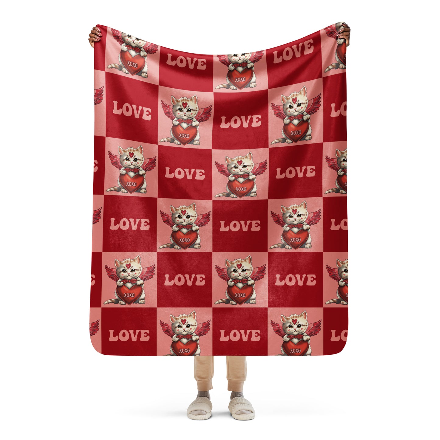 Valentine's Day Sherpa Blanket Gift for Girls, Women's Cupid Kitten Warm Blanket - Cute Cat Graphic - XOXO Ladies Personalized Gift  - Customizable Red Hearts LOVE