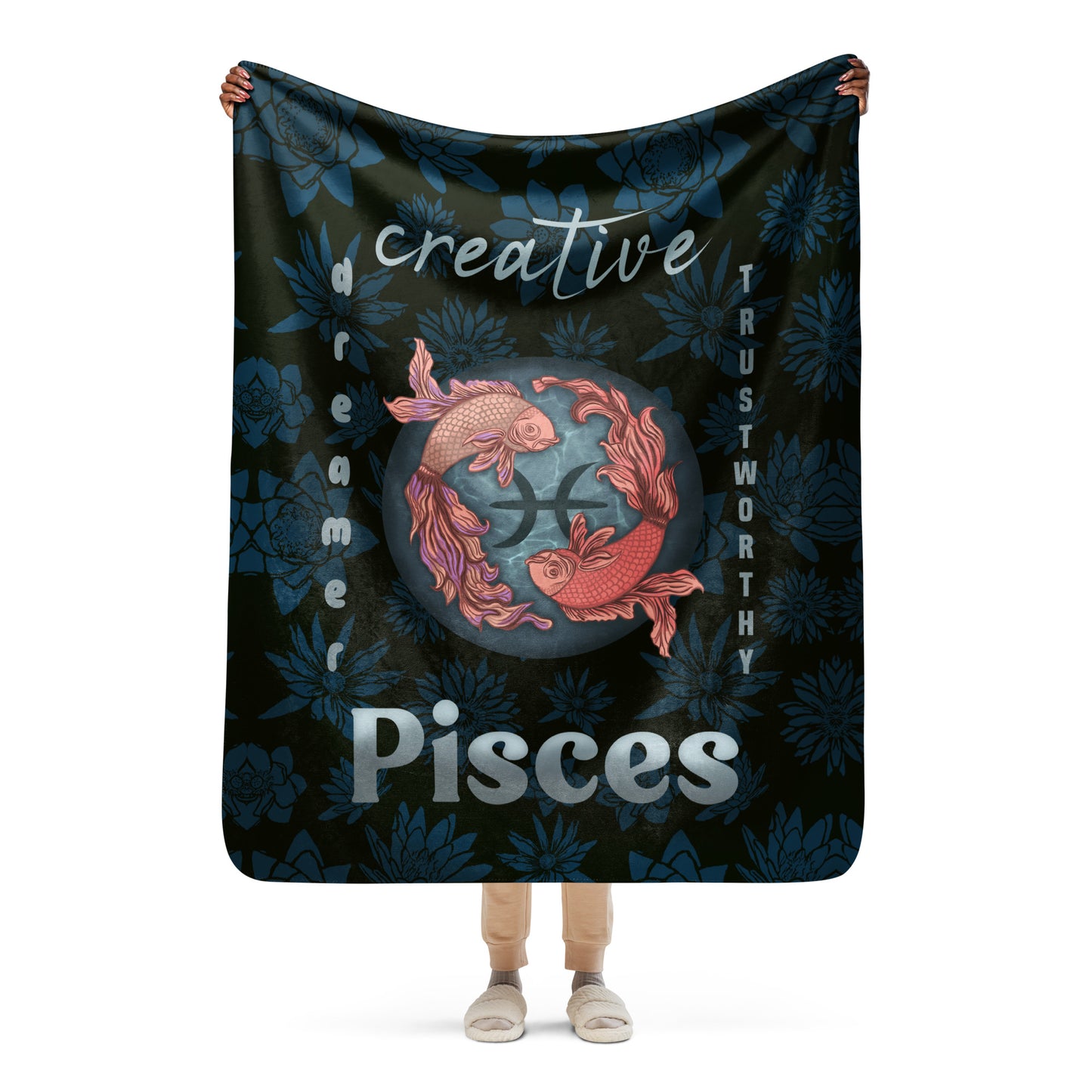 Pisces Blanket for Women, Zodiac Sign Gift for Her, Sherpa Warm Cozy Throw Blanket for Couch Home Decor, Swimming Fish and Water Lilies Design