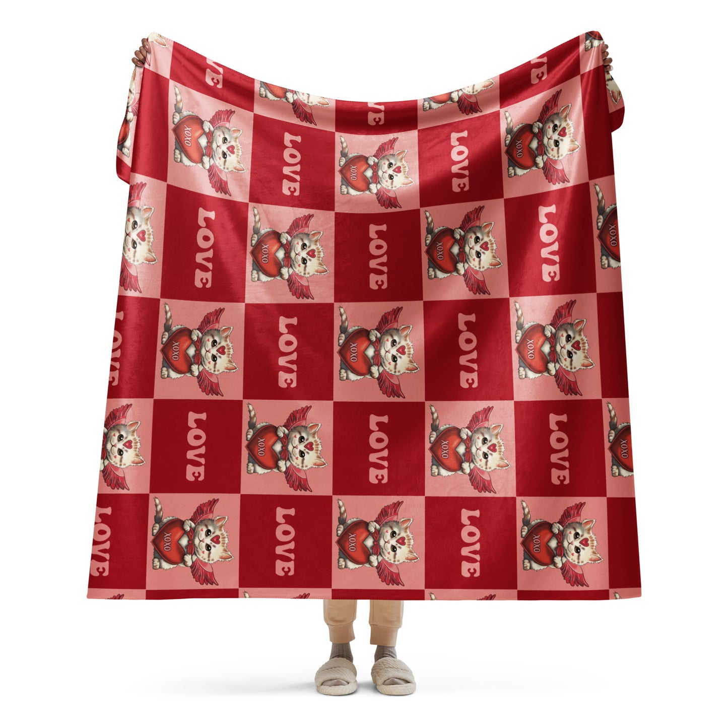 Valentine's Day Sherpa Blanket Gift for Girls, Women's Cupid Kitten Warm Blanket - Cute Cat Graphic - XOXO Ladies Personalized Gift  - Customizable Red Hearts LOVE