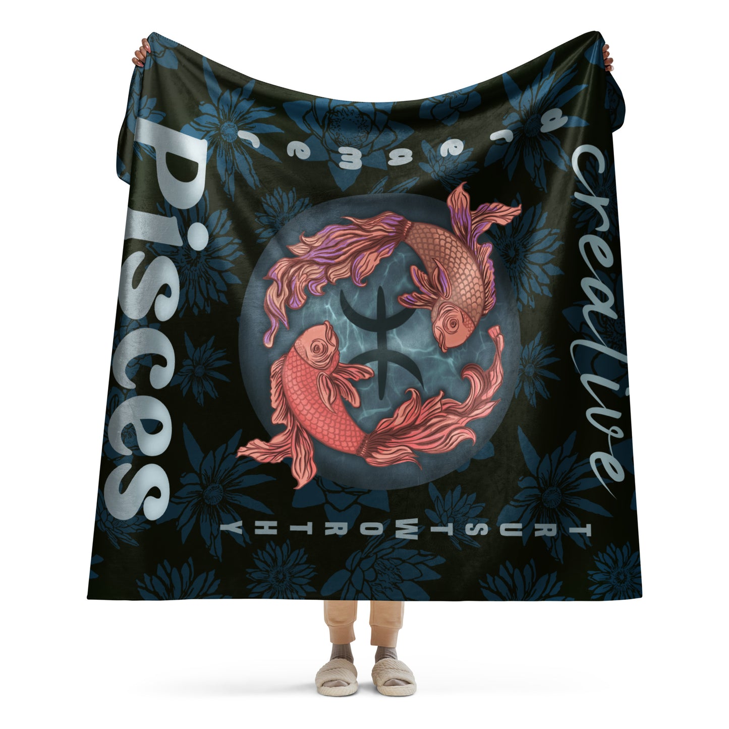 Pisces Blanket for Women, Zodiac Sign Gift for Her, Sherpa Warm Cozy Throw Blanket for Couch Home Decor, Swimming Fish and Water Lilies Design