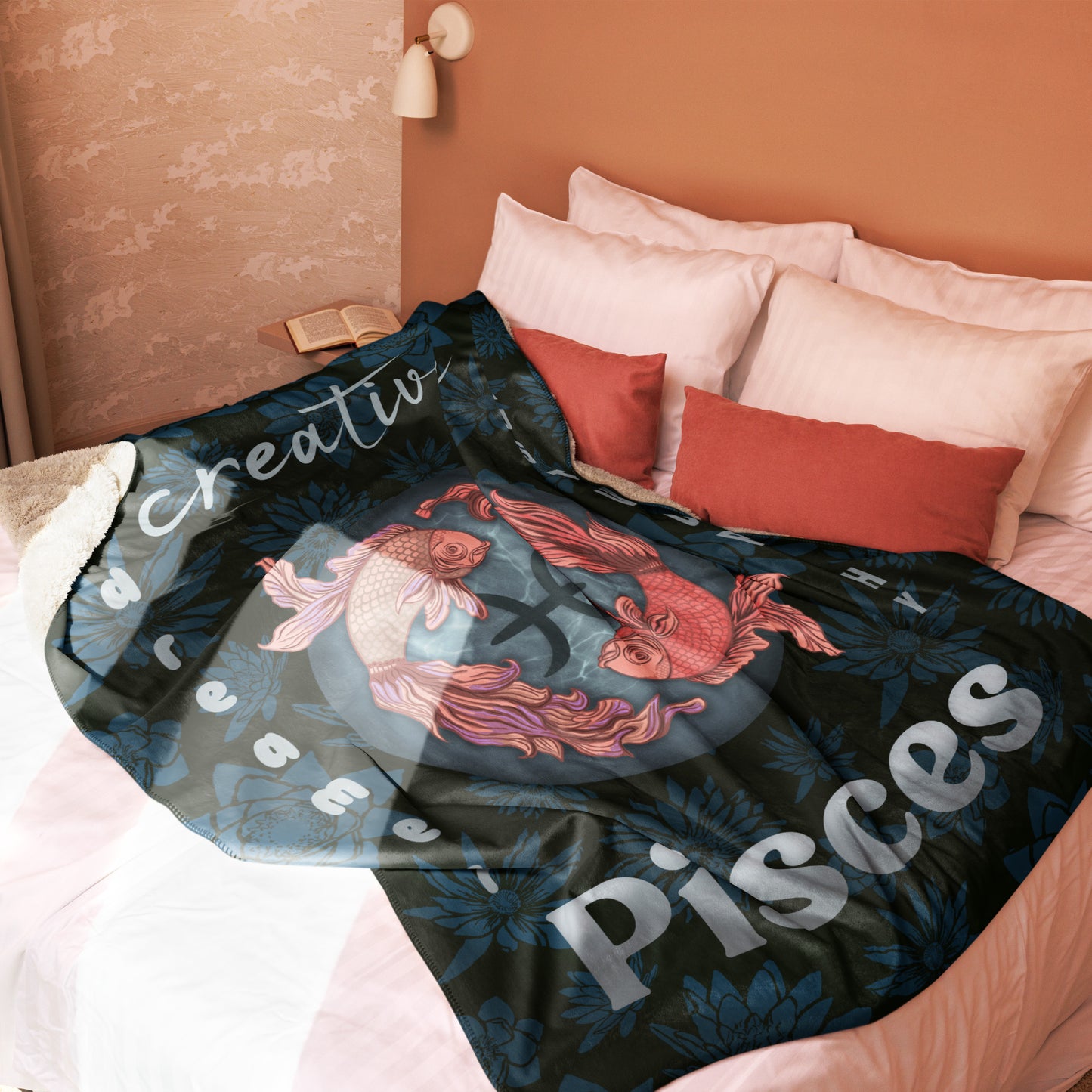 Pisces Blanket for Women, Zodiac Sign Gift for Her, Sherpa Warm Cozy Throw Blanket for Couch Home Decor, Swimming Fish and Water Lilies Design