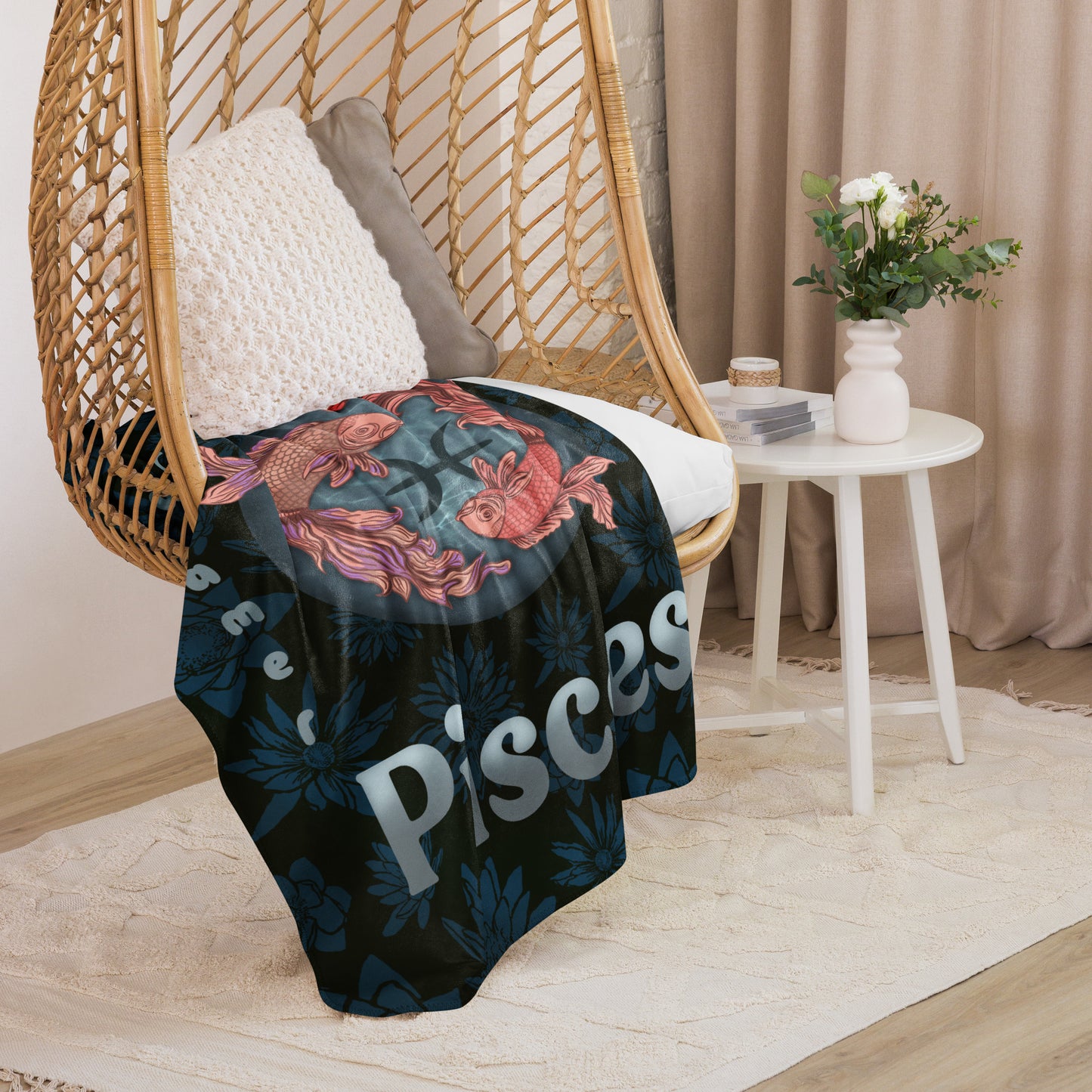 Pisces Blanket for Women, Zodiac Sign Gift for Her, Sherpa Warm Cozy Throw Blanket for Couch Home Decor, Swimming Fish and Water Lilies Design