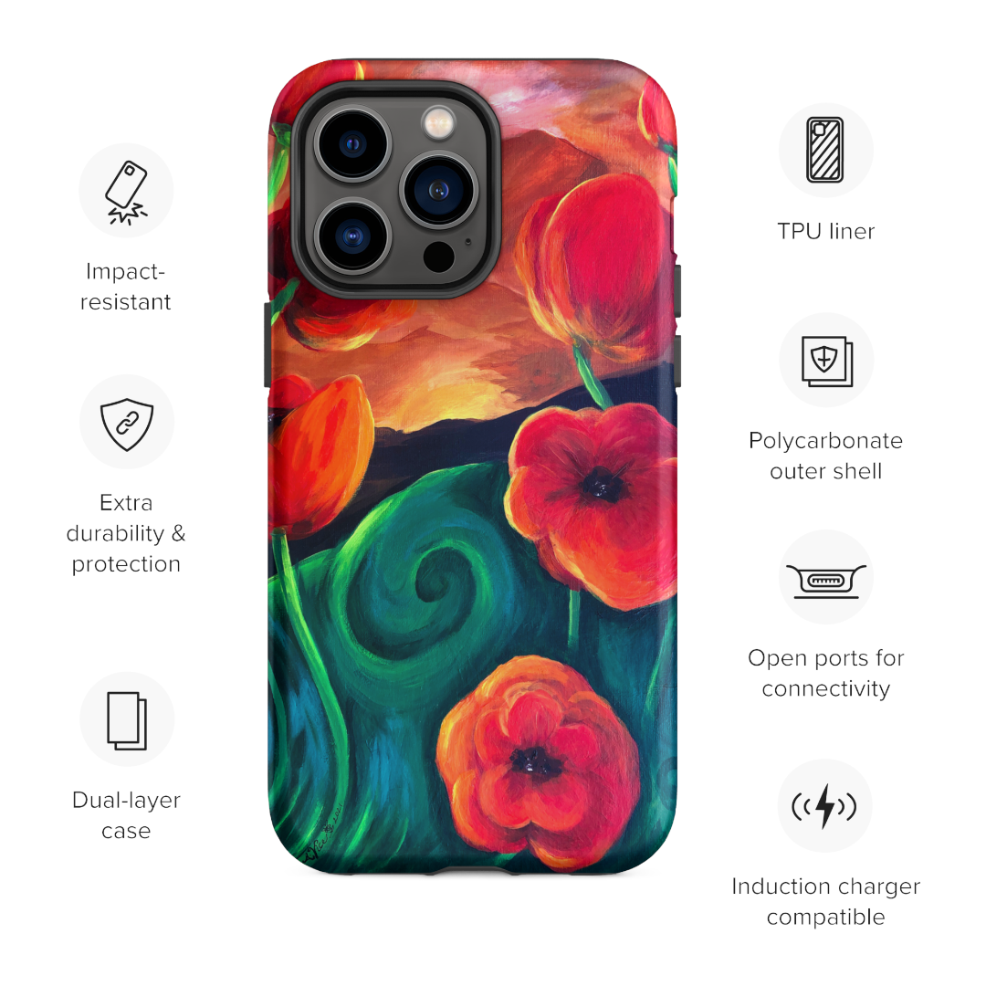 Tough Case for iPhone®, Red Poppy Flowers Abstract Art Protective Case Compatible With 11, 12, 13, 14, 15, mini, Pro Max, Plus