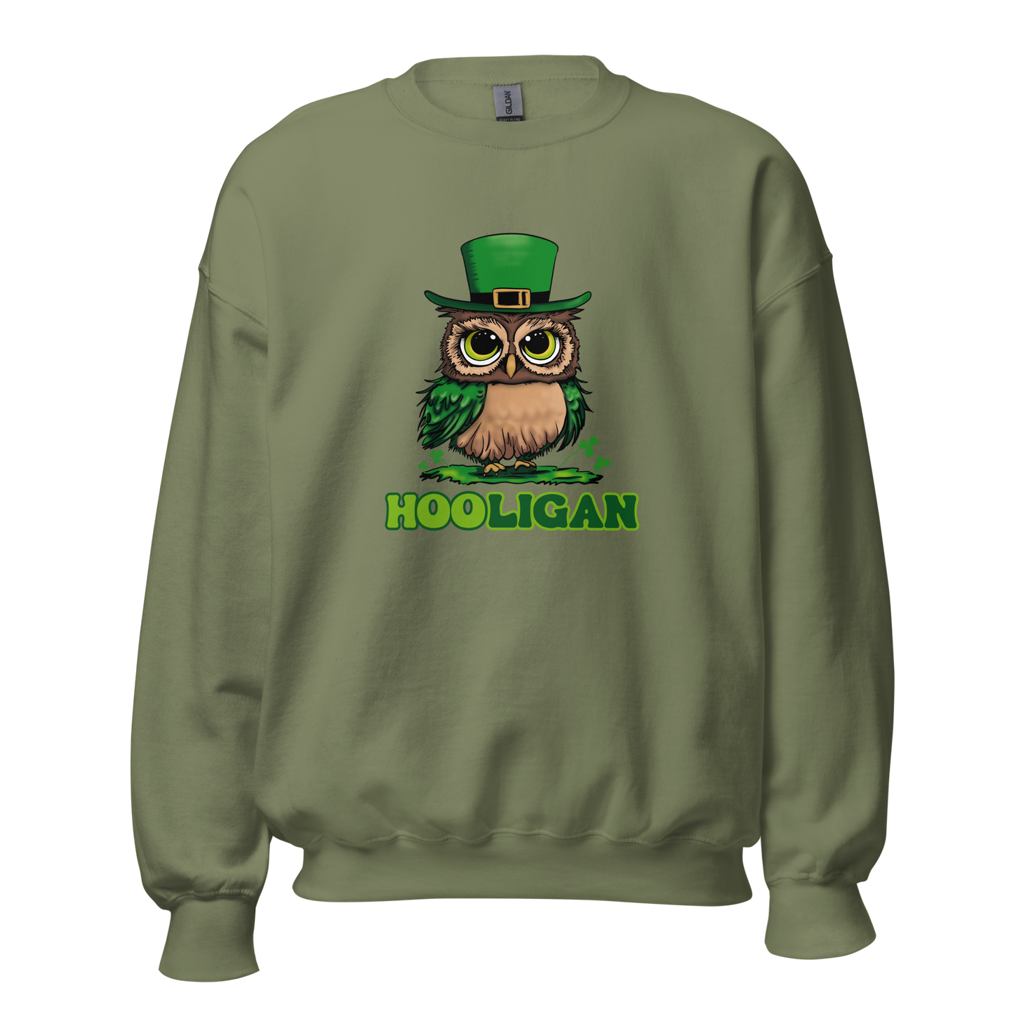 St. Patrick's Day Women's Crew Neck Sweatshirt, Cute Owl Green Shamrocks Sweater for Ladies, Hooligan Humorous Long Sleeve Shirt Design