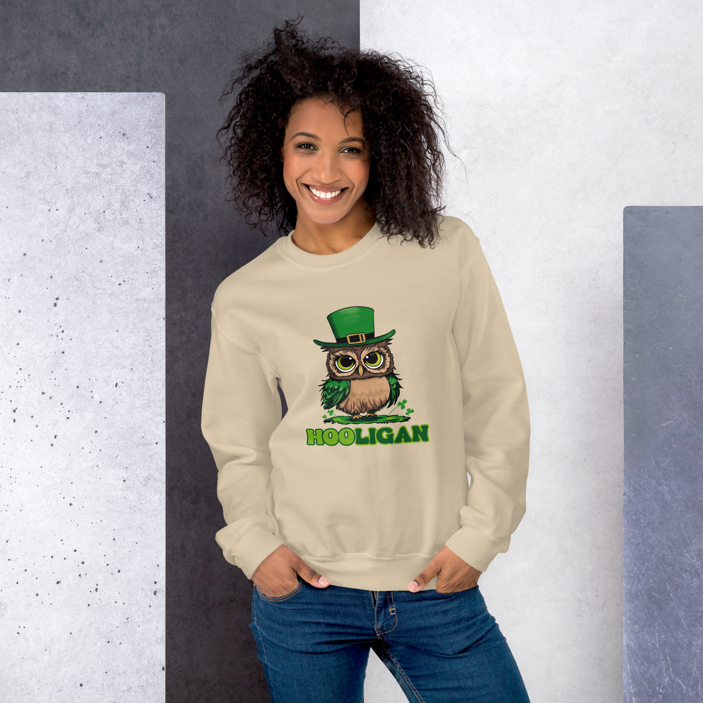 St. Patrick's Day Women's Crew Neck Sweatshirt, Cute Owl Green Shamrocks Sweater for Ladies, Hooligan Humorous Long Sleeve Shirt Design