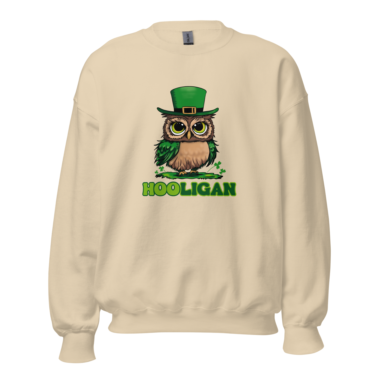 St. Patrick's Day Women's Crew Neck Sweatshirt, Cute Owl Green Shamrocks Sweater for Ladies, Hooligan Humorous Long Sleeve Shirt Design