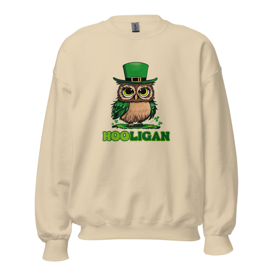 St. Patrick's Day Women's Crew Neck Sweatshirt, Cute Owl Green Shamrocks Sweater for Ladies, Hooligan Humorous Long Sleeve Shirt Design