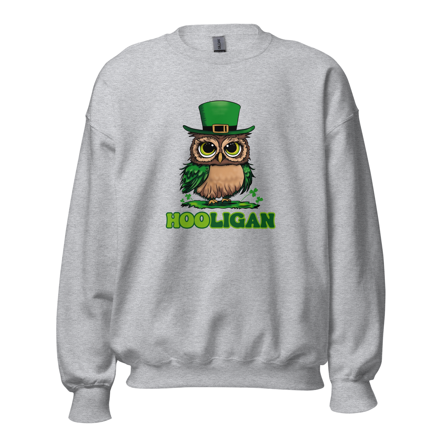 St. Patrick's Day Women's Crew Neck Sweatshirt, Cute Owl Green Shamrocks Sweater for Ladies, Hooligan Humorous Long Sleeve Shirt Design