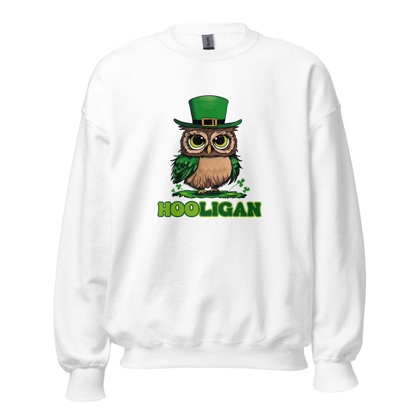 St. Patrick's Day Women's Crew Neck Sweatshirt, Cute Owl Green Shamrocks Sweater for Ladies, Hooligan Humorous Long Sleeve Shirt Design