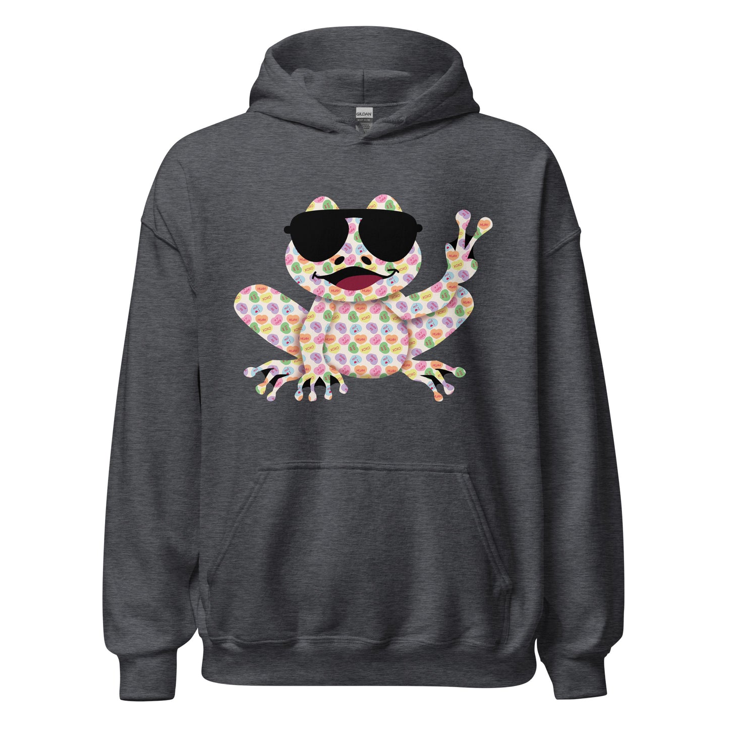 Valentine's Day Women's Heavy Blend Hoodie - Candy Hearts Rockin' Peace Frog Design Ladies Hooded Sweatshirt