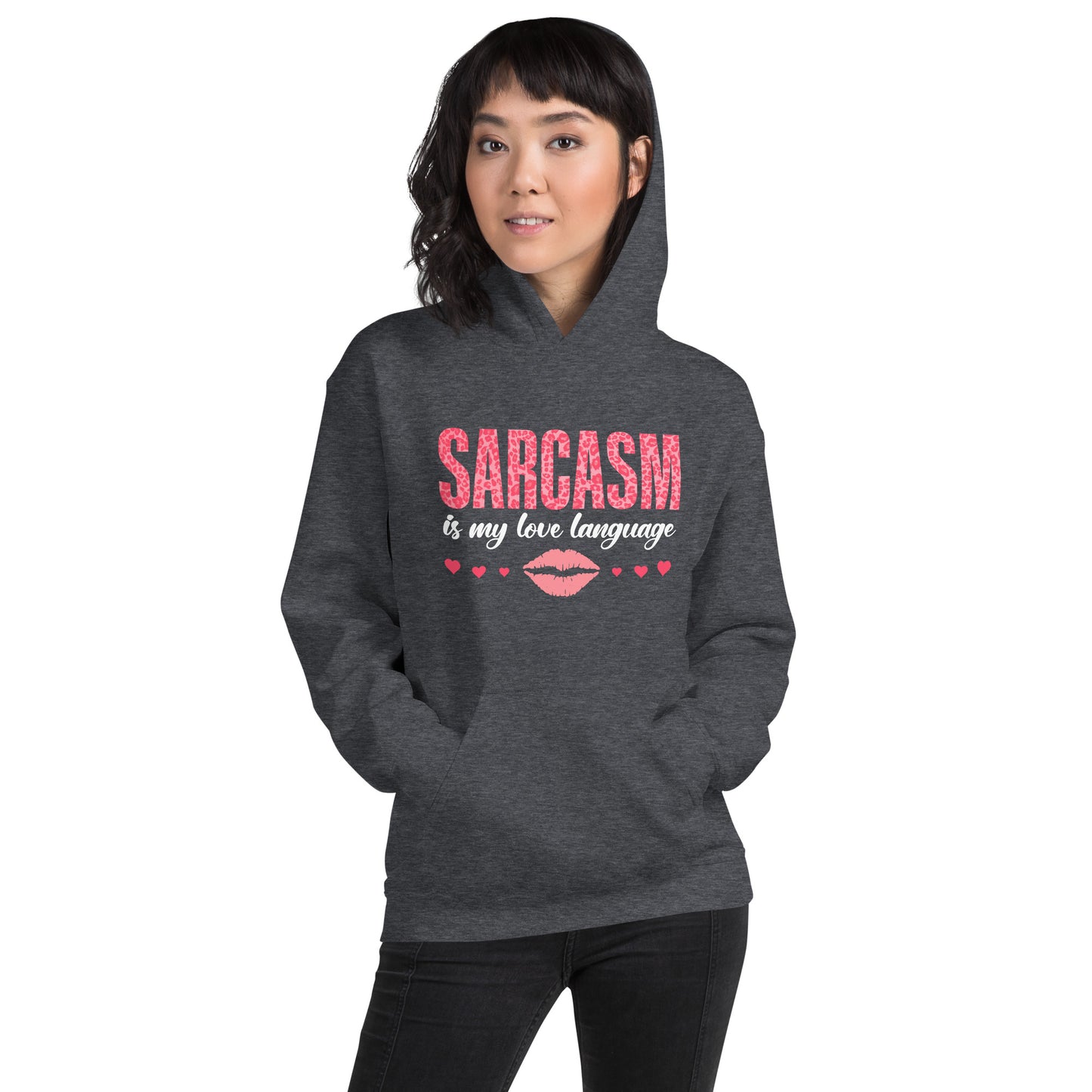 Women's Valentine's Day Hoodie - Sarcasm Is My Love Language - Humorous Sarcastic Red Lips and Hearts Long Sleeve Hooded Sweatshirt - Leopard Spots Valentine's Day Graphic Shirt for Ladies