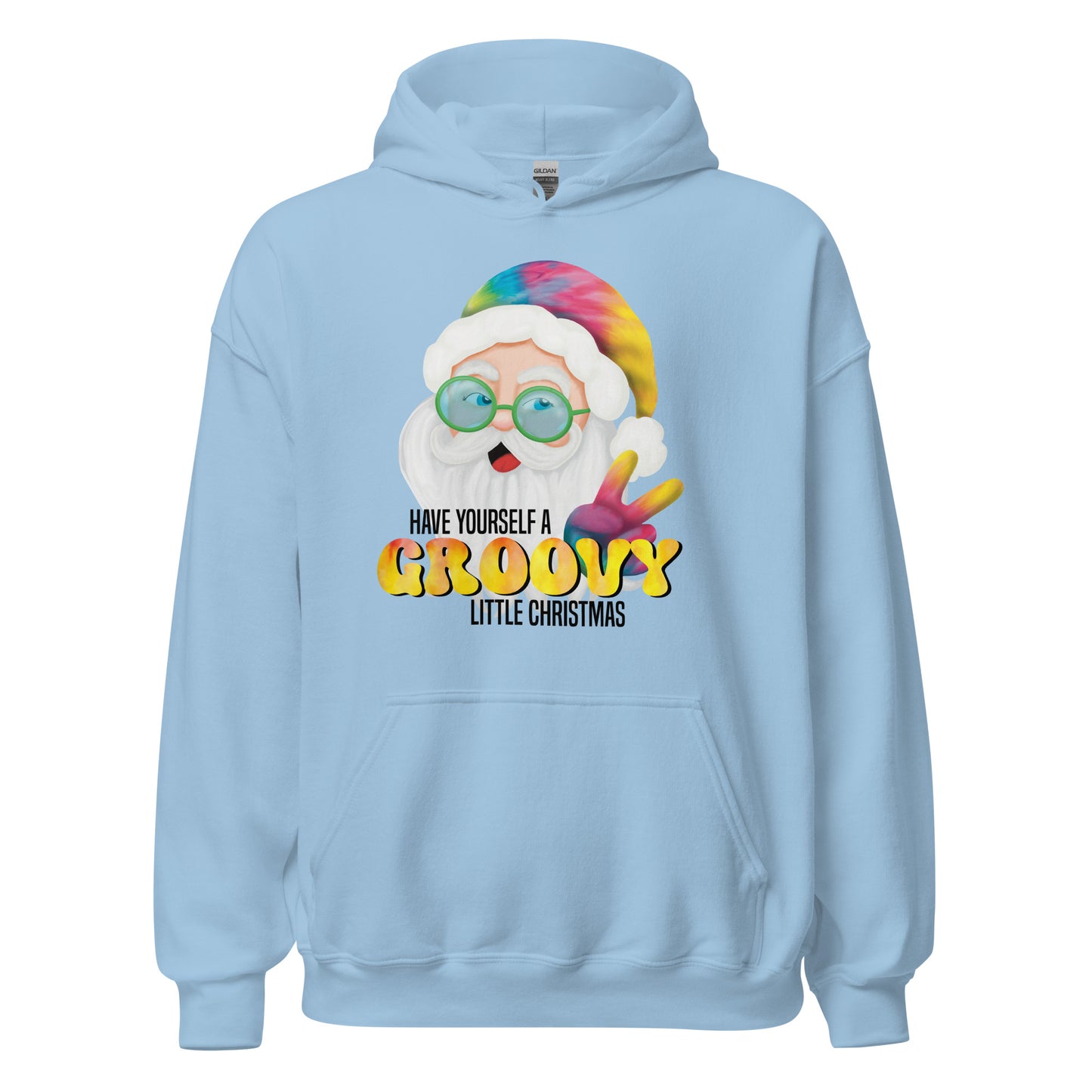 Christmas Hoodie -Heavy Blend - Have Yourself A Groovy Little Christmas, Hippie Tie-Dyed Santa - 5 Colors Available - Casual Hooded Sweatshirt