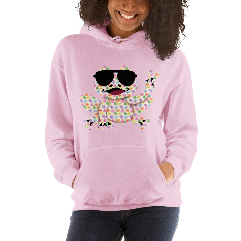 Valentine's Day Women's Heavy Blend Hoodie - Candy Hearts Rockin' Peace Frog Design Ladies Hooded Sweatshirt