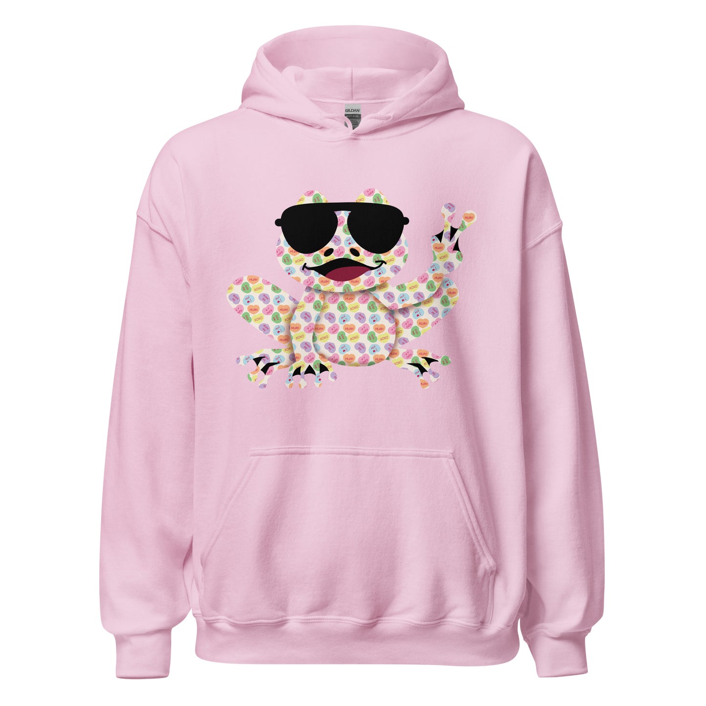 Valentine's Day Women's Heavy Blend Hoodie - Candy Hearts Rockin' Peace Frog Design Ladies Hooded Sweatshirt