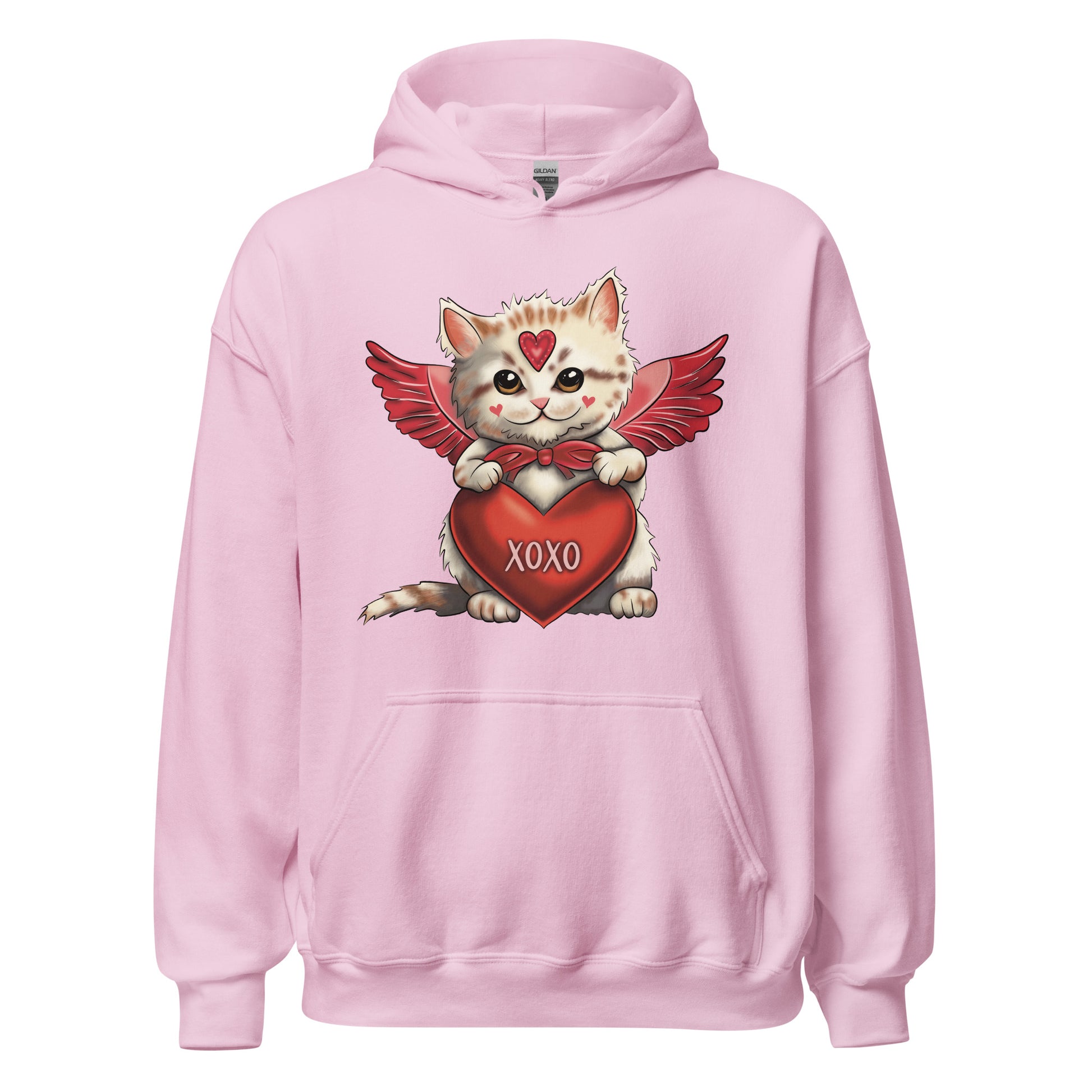 Pictured is a pink hooded sweatshirt for women to wear for Valentine's Day. The cute graphic design on the front of the shirt is an adorable  kitten dressed up as Cupid and holding a red heart that says "xoxo". This unique hoodie design for ladies comes in 5 colors, red, pink, sport grey, sand, and white. Sizes available are Small thru 5X.