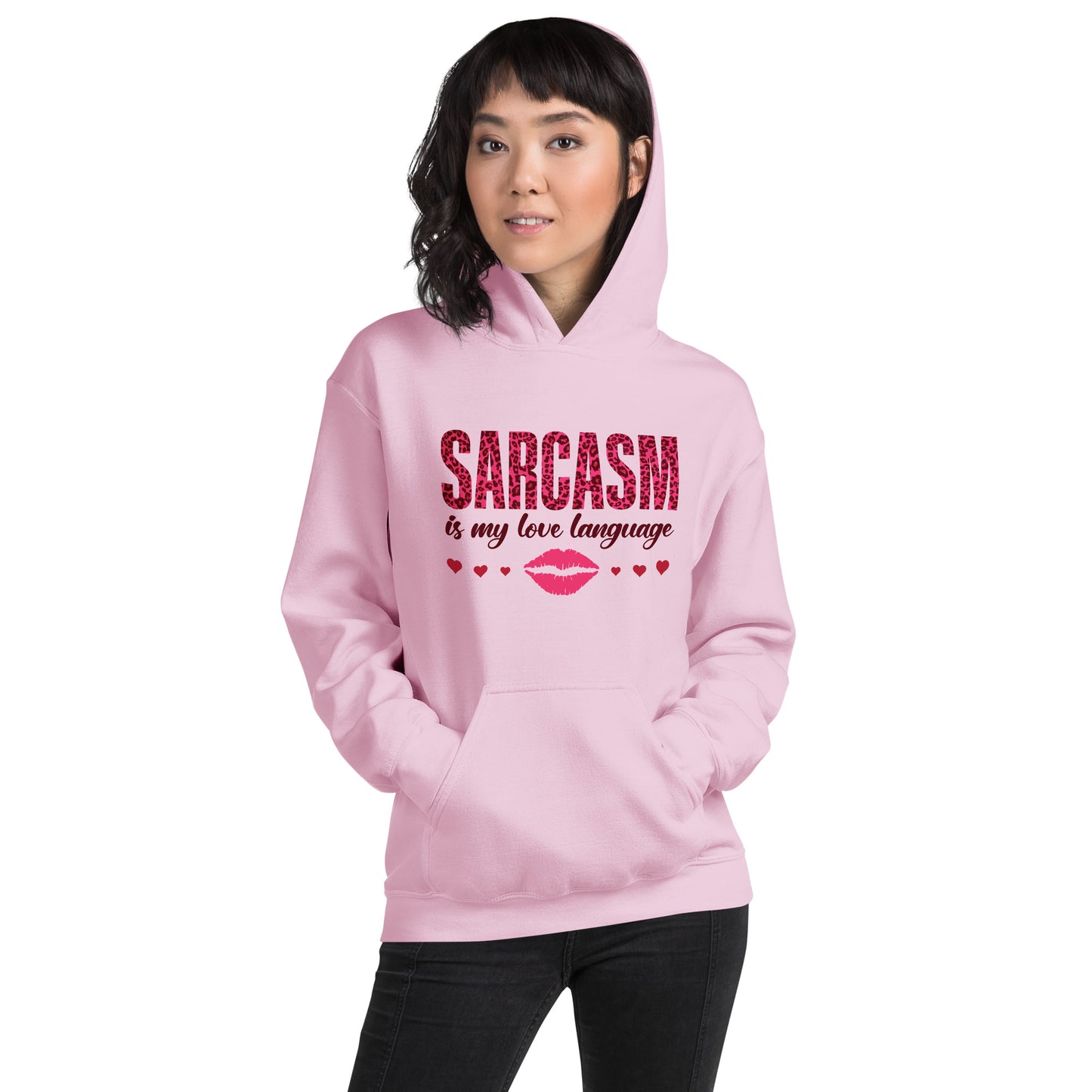 Women's Valentine's Day Hoodie - Sarcasm Is My Love Language - Humorous Sarcastic Red Lips and Hearts Long Sleeve Hooded Sweatshirt - Leopard Spots Valentine's Day Graphic Shirt for Ladies