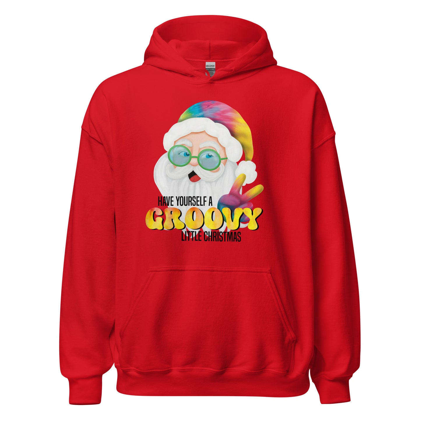 Christmas Hoodie -Heavy Blend - Have Yourself A Groovy Little Christmas, Hippie Tie-Dyed Santa - 5 Colors Available - Casual Hooded Sweatshirt