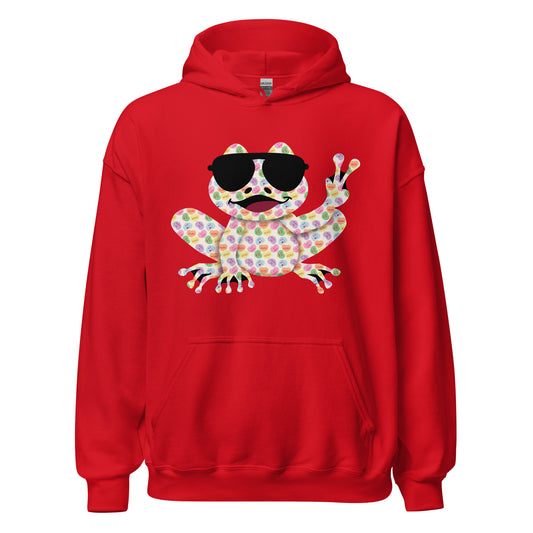 Valentine's Day Women's Heavy Blend Hoodie - Candy Hearts Rockin' Peace Frog Design Ladies Hooded Sweatshirt