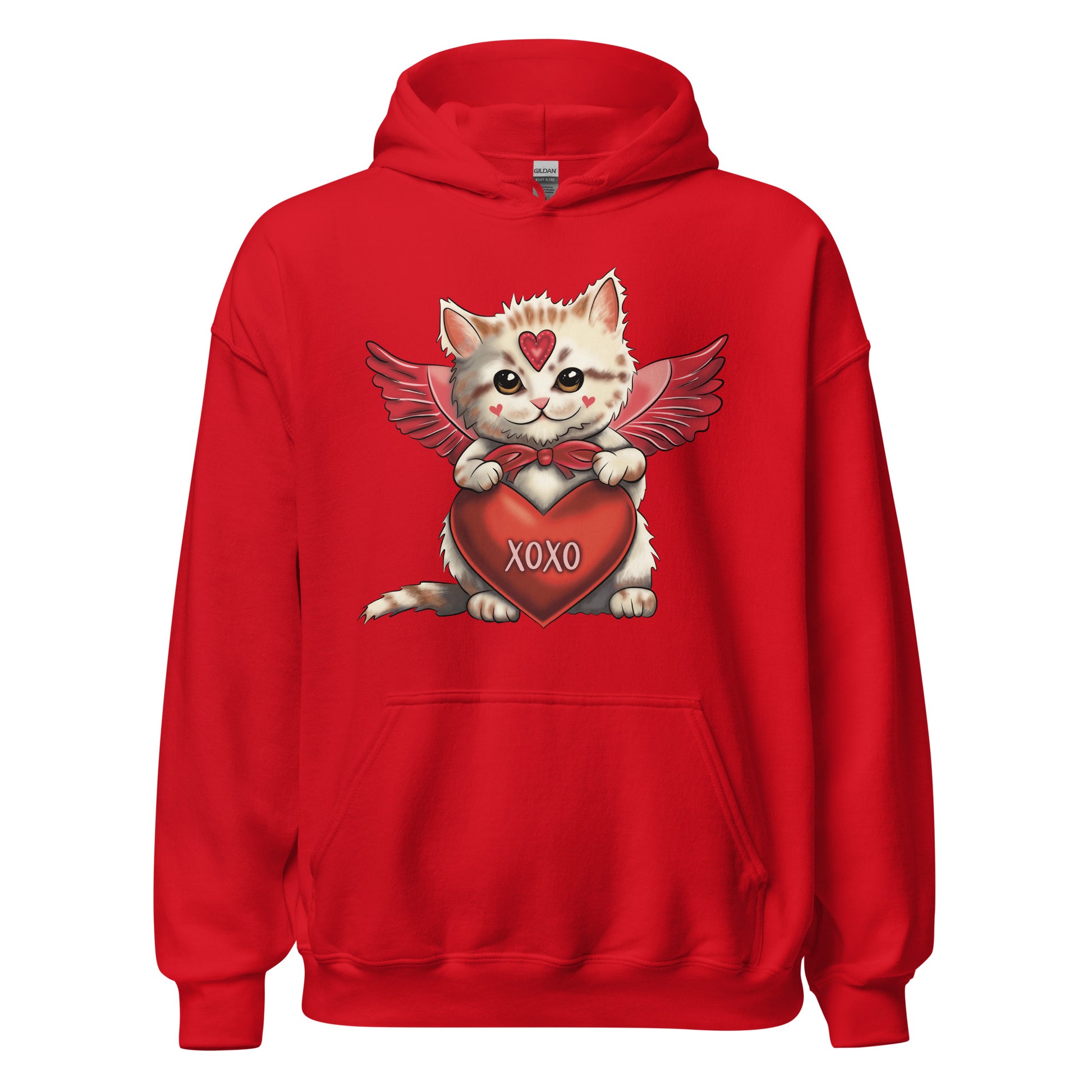 Pictured is a red hooded sweatshirt for women to wear for Valentine's Day. The cute graphic design on the front of the shirt is an adorable  kitten dressed up as Cupid and holding a red heart that says "xoxo". This unique hoodie design for ladies comes in 5 colors, red, pink, sport grey, sand, and white. Sizes available are Small thru 5X.