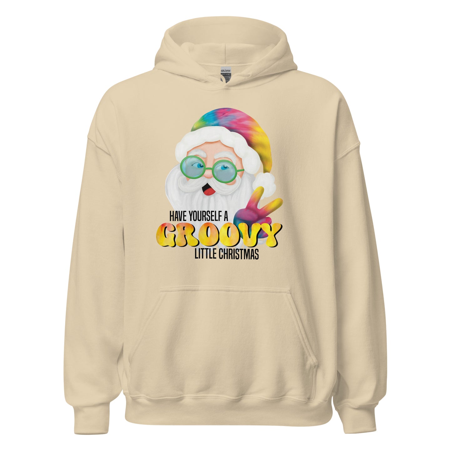 Christmas Hoodie -Heavy Blend - Have Yourself A Groovy Little Christmas, Hippie Tie-Dyed Santa - 5 Colors Available - Casual Hooded Sweatshirt