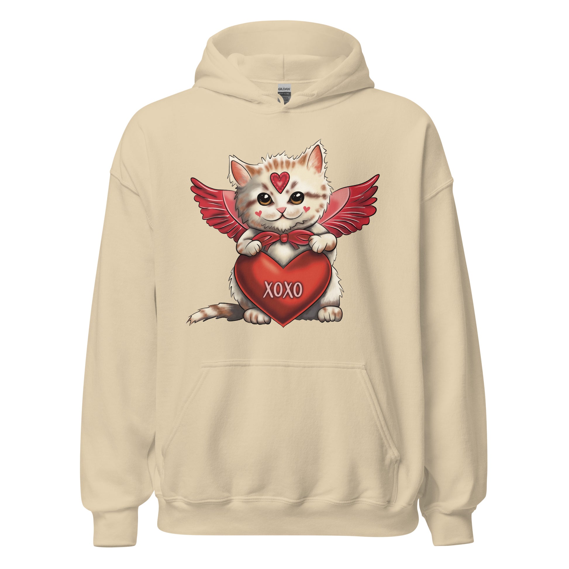 Pictured is a sand colored hooded sweatshirt for women to wear for Valentine's Day. The cute graphic design on the front of the shirt is an adorable  kitten dressed up as Cupid and holding a red heart that says "xoxo". This unique hoodie design for ladies comes in 5 colors, red, pink, sport grey, sand, and white. Sizes available are Small thru 5X.