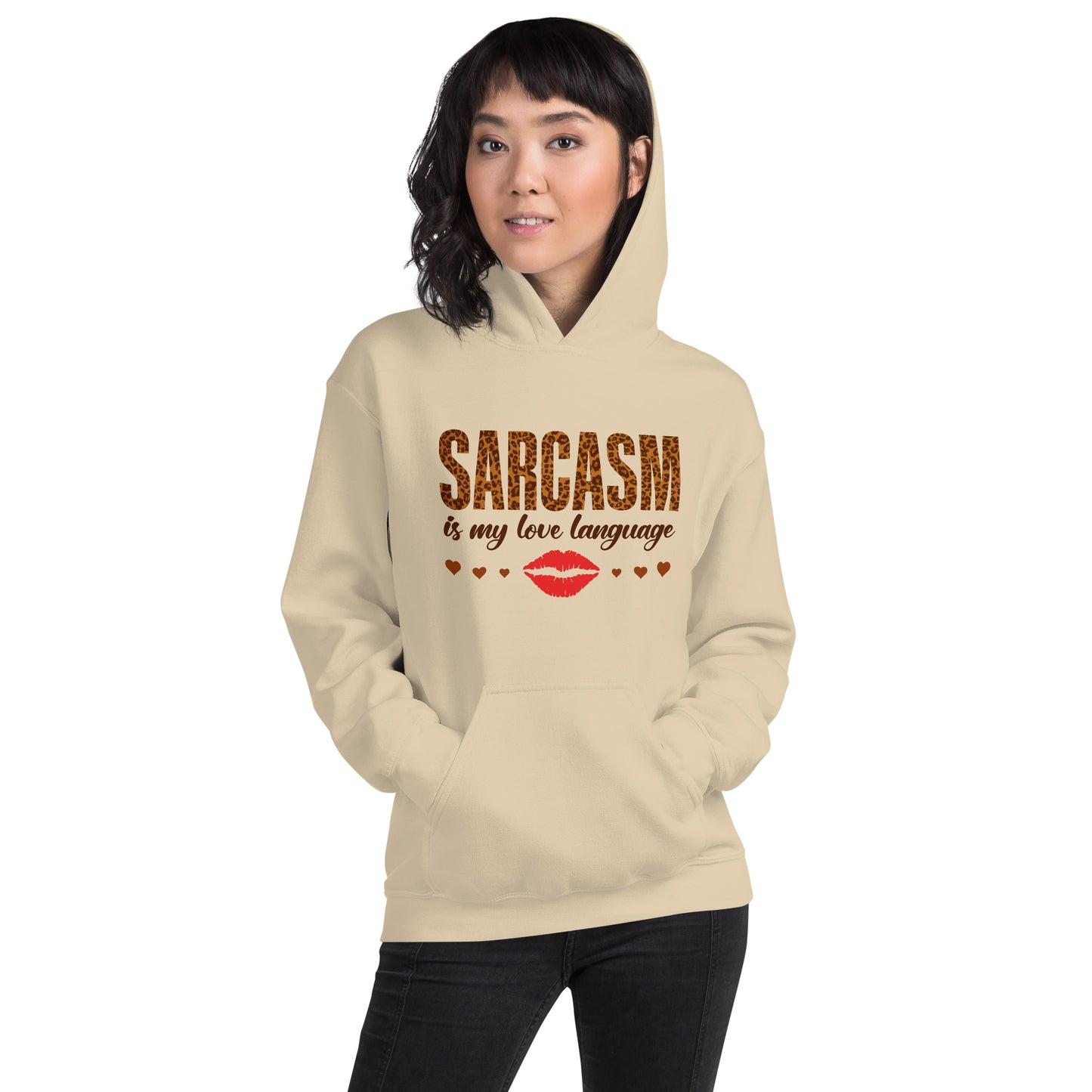 Women's Valentine's Day Hoodie - Sarcasm Is My Love Language - Humorous Sarcastic Red Lips and Hearts Long Sleeve Hooded Sweatshirt - Leopard Spots Valentine's Day Graphic Shirt for Ladies