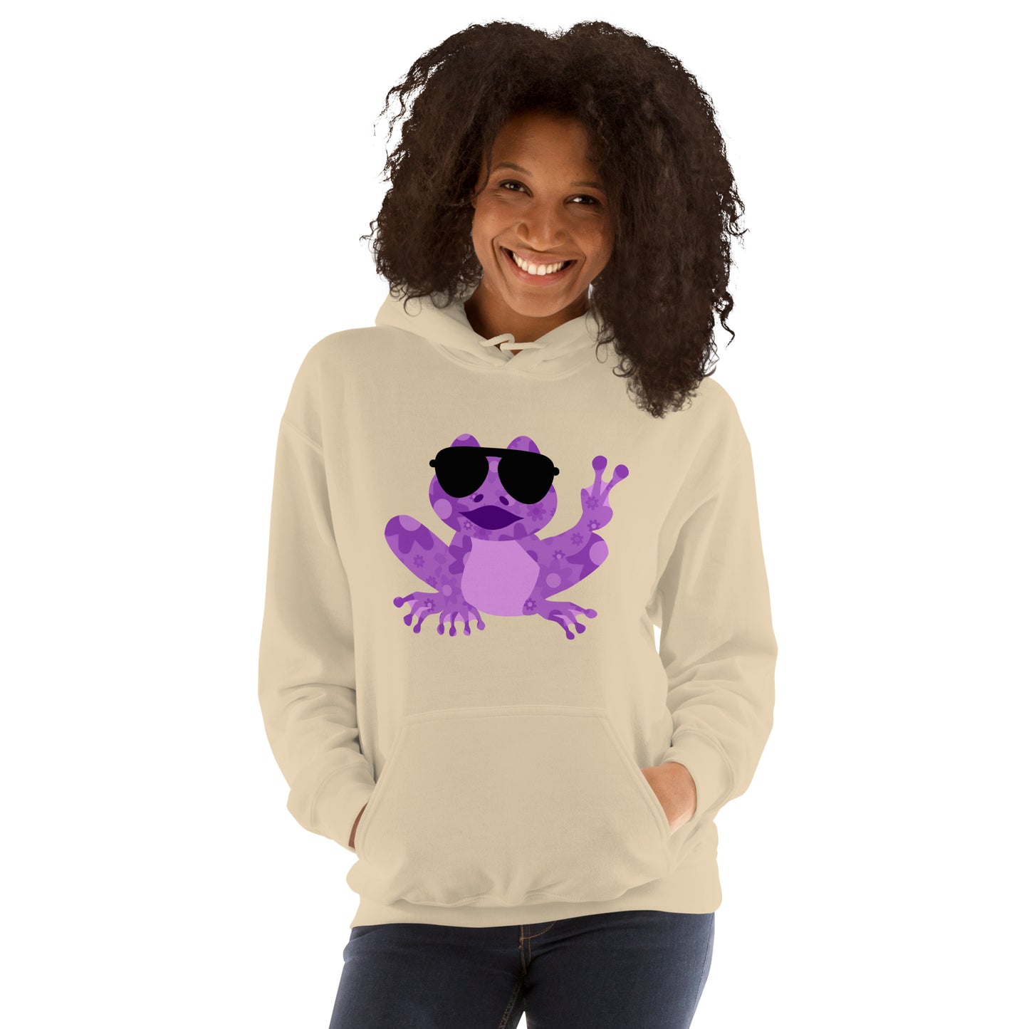 Women's Hoodie - Peace Frog Hooded Sweatshirt -  Hippie Frog Graphic Shirt for Ladies  - Long Sleeve Groovy Retro Clothing - Heavy Blend