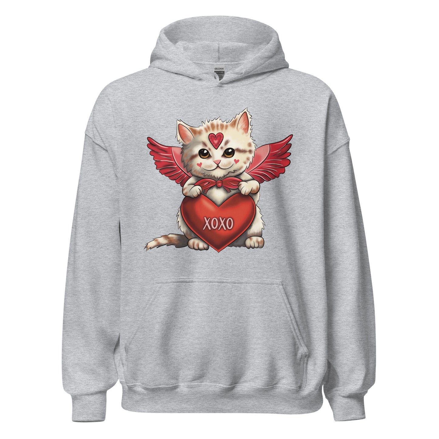 Pictured is a sport grey hooded sweatshirt for women to wear for Valentine's Day. The cute graphic design on the front of the shirt is an adorable  kitten dressed up as Cupid and holding a red heart that says "xoxo". This unique hoodie design for ladies comes in 5 colors, red, pink, sport grey, sand, and white. Sizes available are Small thru 5X.