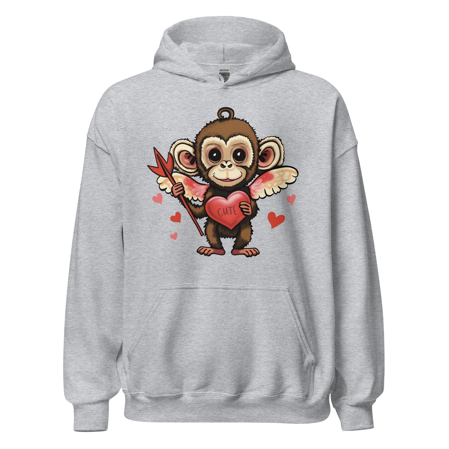 Women's Valentine's Day Hoodie - Cupid Monkey Cute Hooded Sweatshirt for Ladies - Casual Women's Clothing  - Long Sleeve Shirt with Animal - Capuchin Monkey Illustration Graphic