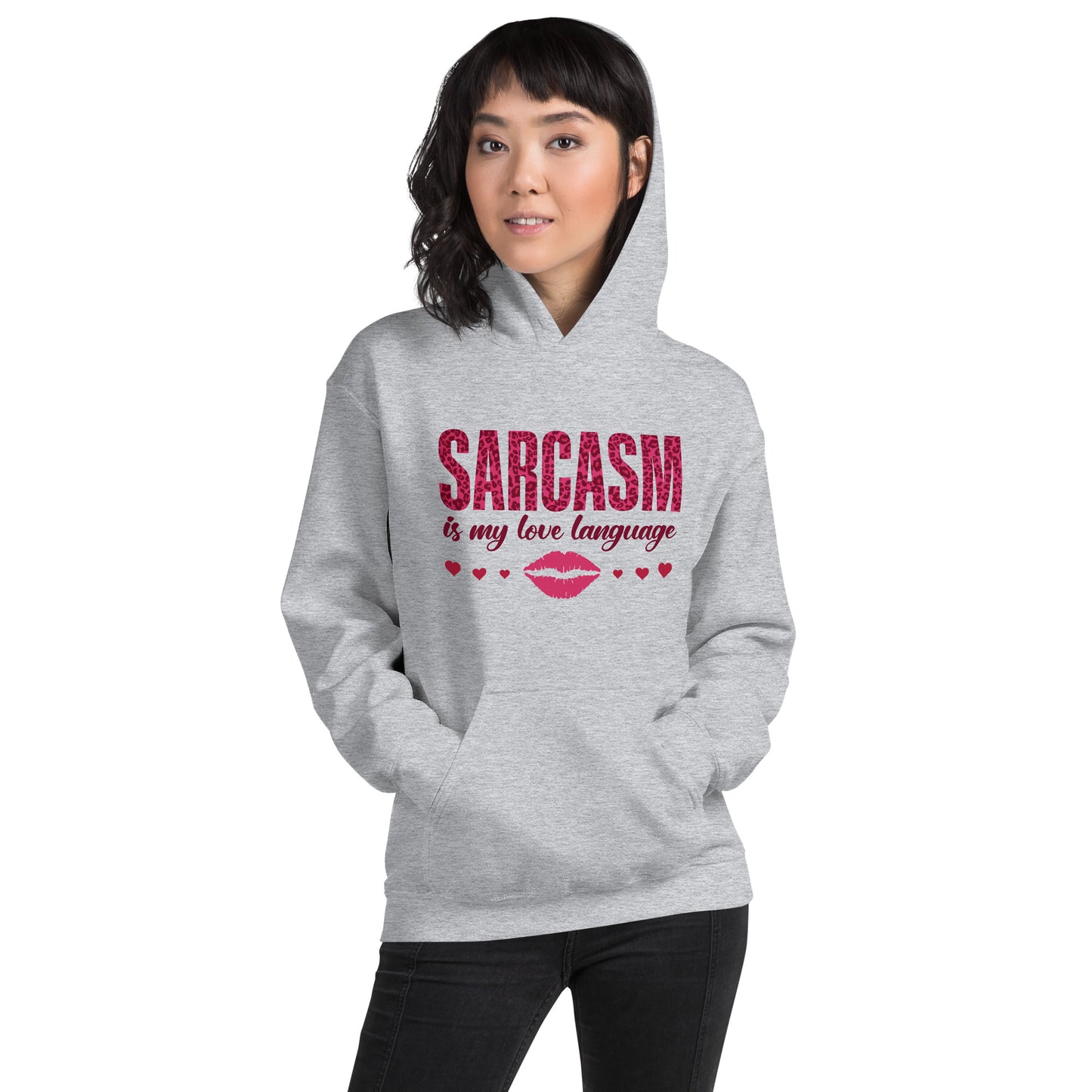 Women's Valentine's Day Hoodie - Sarcasm Is My Love Language - Humorous Sarcastic Red Lips and Hearts Long Sleeve Hooded Sweatshirt - Leopard Spots Valentine's Day Graphic Shirt for Ladies