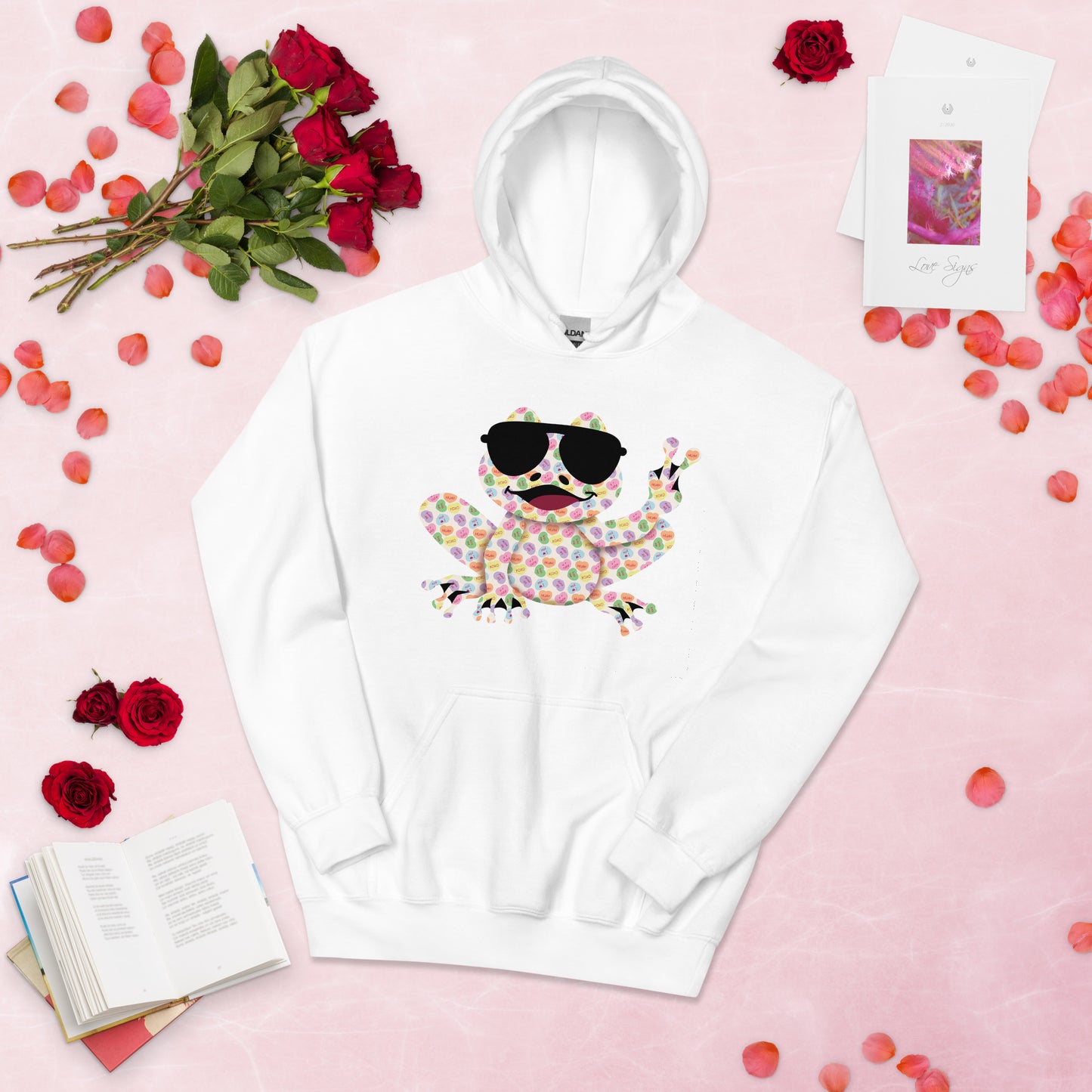 Valentine's Day Women's Heavy Blend Hoodie - Candy Hearts Rockin' Peace Frog Design Ladies Hooded Sweatshirt