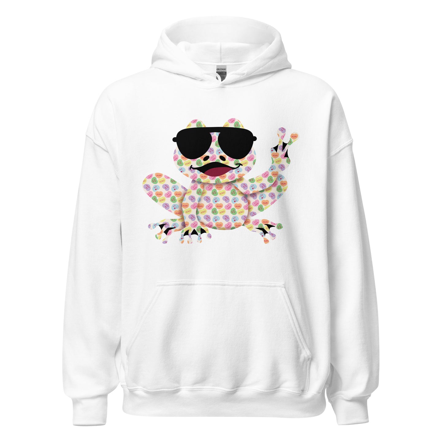 Valentine's Day Women's Heavy Blend Hoodie - Candy Hearts Rockin' Peace Frog Design Ladies Hooded Sweatshirt