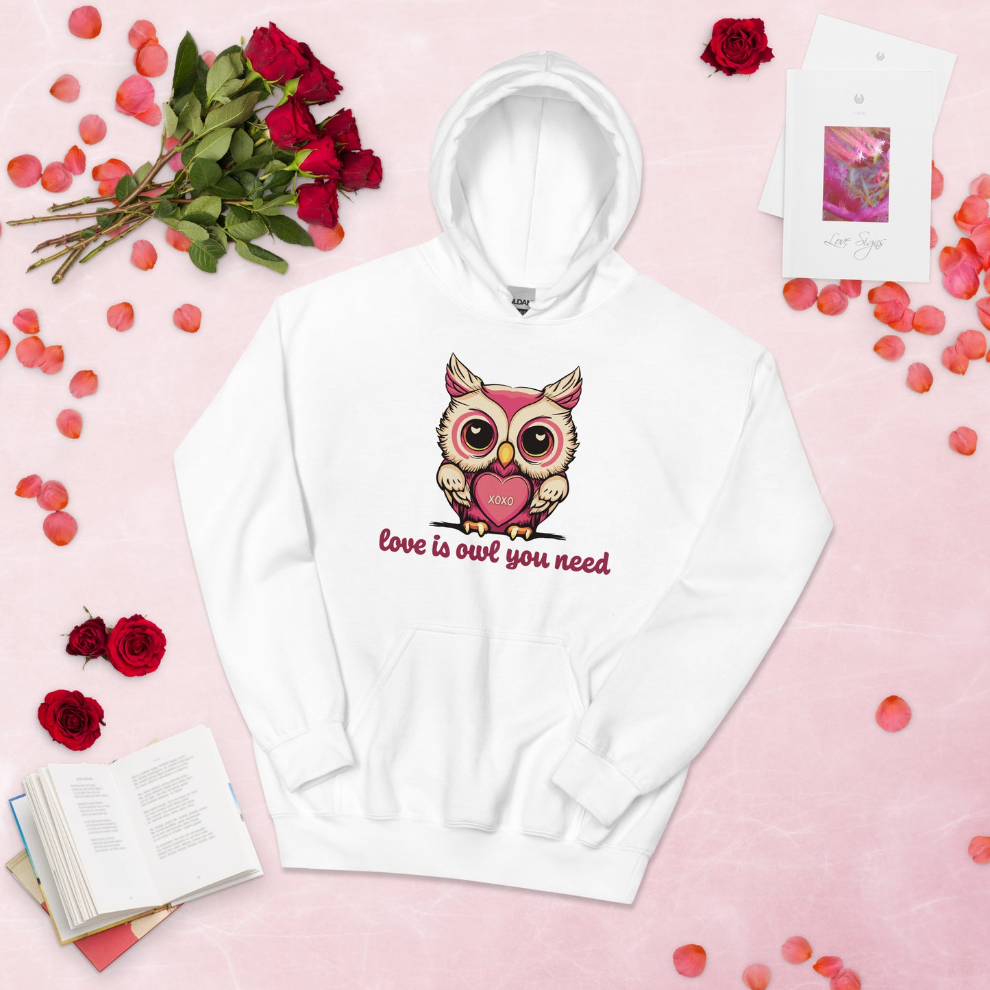 Women's Valentine's Day Hoodie, Love is Owl You Need Cute Owl Graphic Hooded Sweatshirt for Ladies