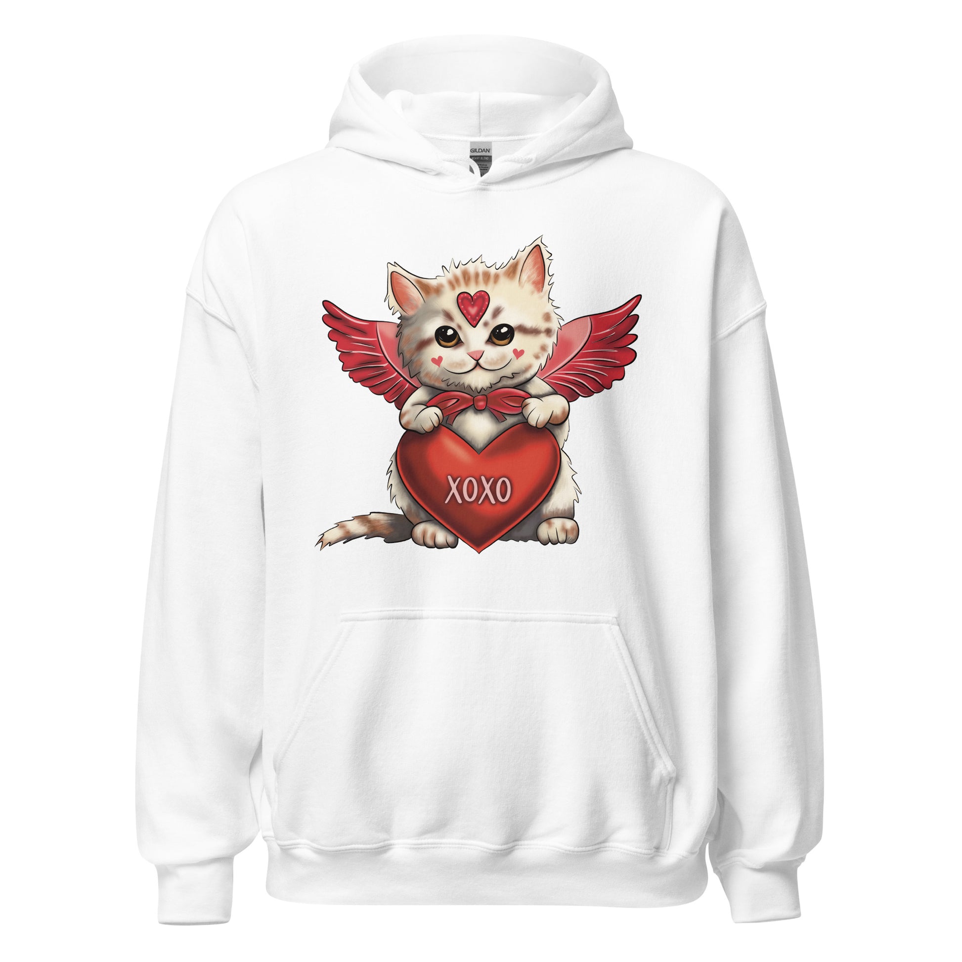 Pictured is a white hooded sweatshirt for women to wear for Valentine's Day. The cute graphic design on the front of the shirt is an adorable  kitten dressed up as Cupid and holding a red heart that says "xoxo". This unique hoodie design for ladies comes in 5 colors, red, pink, sport grey, sand, and white. Sizes available are Small thru 5X.