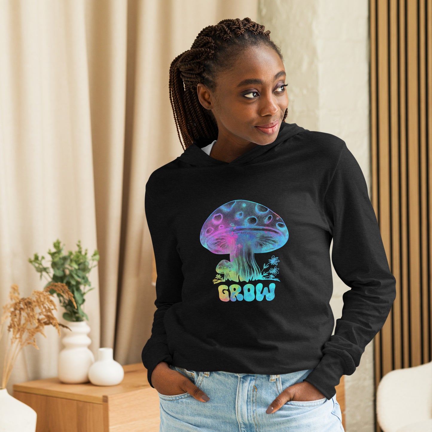 Women's Lightweight Thin Hoodie for Summer-Hand Drawn Design-Ladies Mushroom Apparel