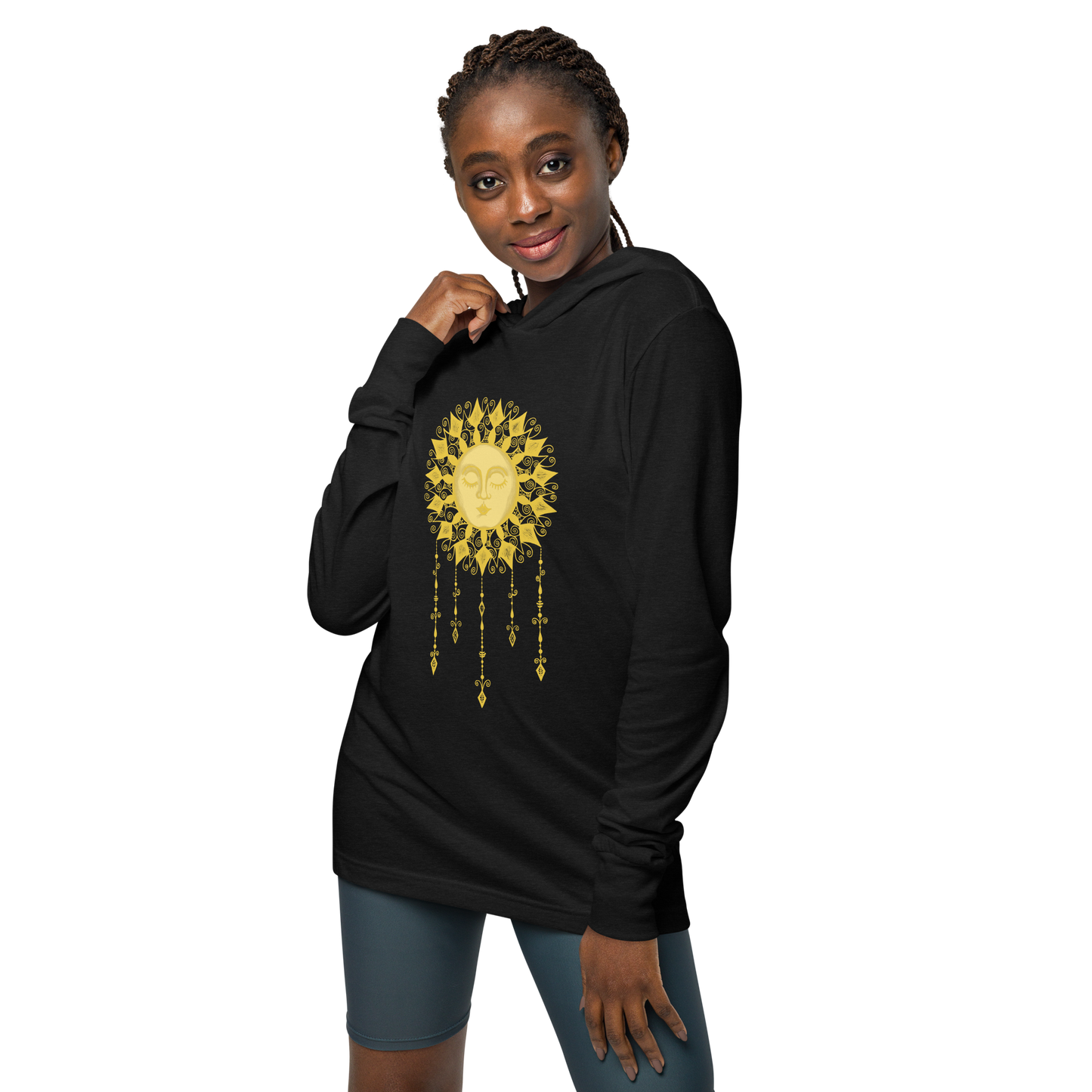 Women's Lightweight Hoodie - Boho Sun Art - Ladies Hooded Thin Long Sleeve Top - Cute Graphic Tee Shirt Pullover w/ Hand Drawn Design