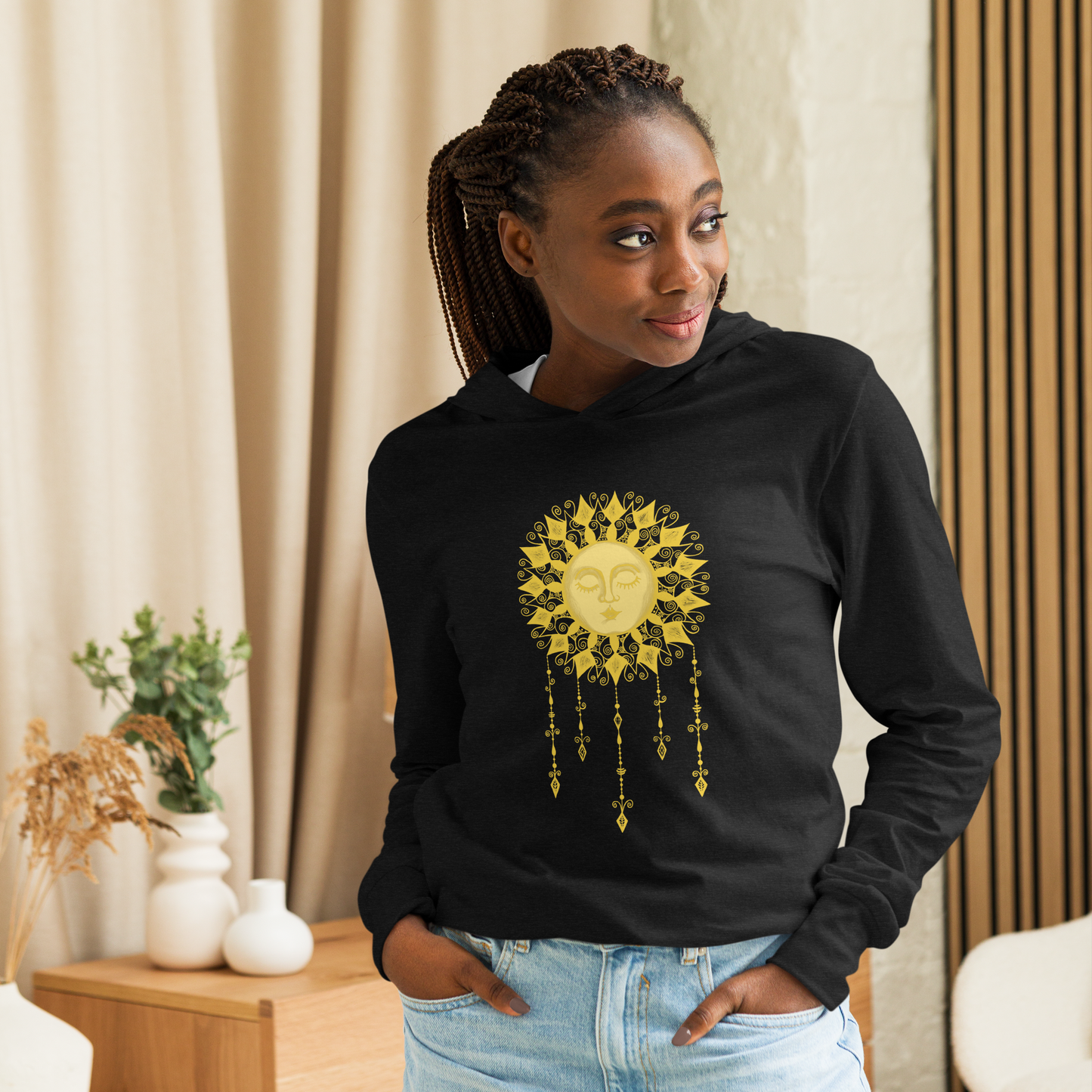 Women's Lightweight Hoodie - Boho Sun Art - Ladies Hooded Thin Long Sleeve Top - Cute Graphic Tee Shirt Pullover w/ Hand Drawn Design