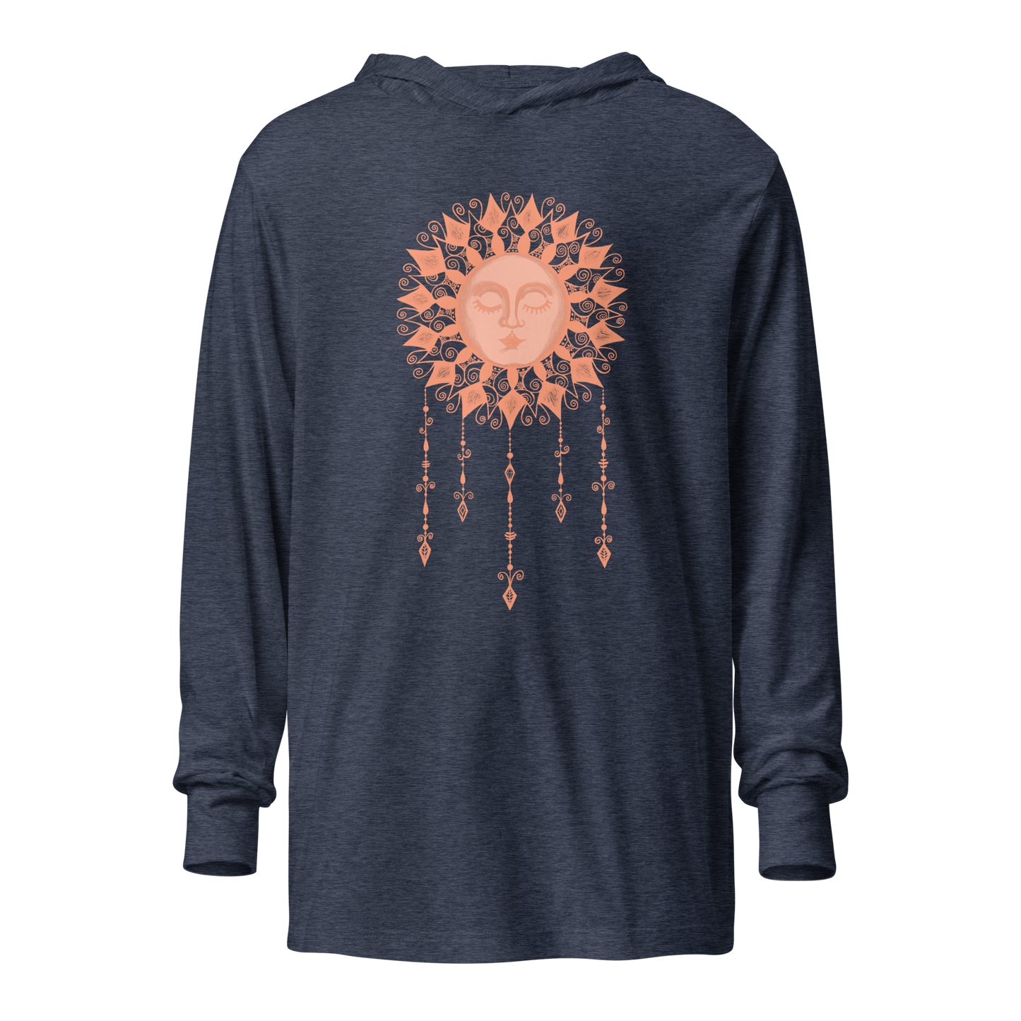 Women's Lightweight Hoodie - Boho Sun Art - Ladies Hooded Thin Long Sleeve Top - Cute Graphic Tee Shirt Pullover w/ Hand Drawn Design